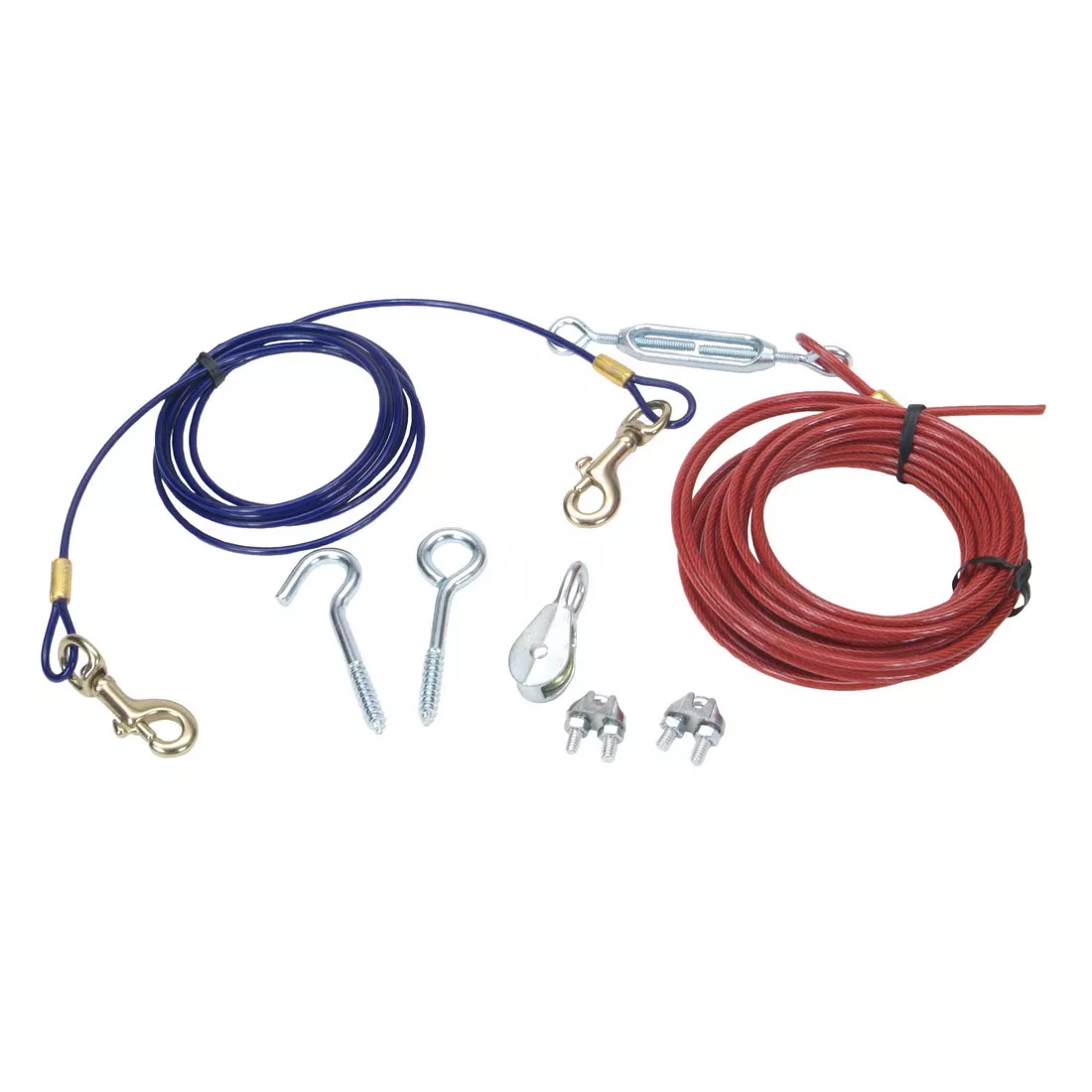 Two aerial dog run cables and assorted hardware are displayed against a plain white background. The cable on the left is dark blue with a smooth plastic coating and is loosely coiled. It has a silver metal swivel snap hook with a spring‑loaded clasp attached at one end. The cable on the right is red with a similar smooth plastic coating and is also loosely coiled, with a silver metal hook component attached. Below the cables are several hardware pieces, including silver metal U‑shaped hooks with threaded ends, a silver metal turnbuckle, cable clamps with screws, a screw eye, and a small metal connector. All items are arranged so that each component is clearly visible.