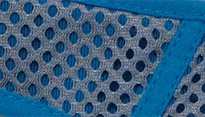 A swatch displays mesh fabric in gray with blue accents. The material features evenly spaced circular perforations. A blue fabric binding runs along one edge, and the gray mesh shows a consistent woven texture.