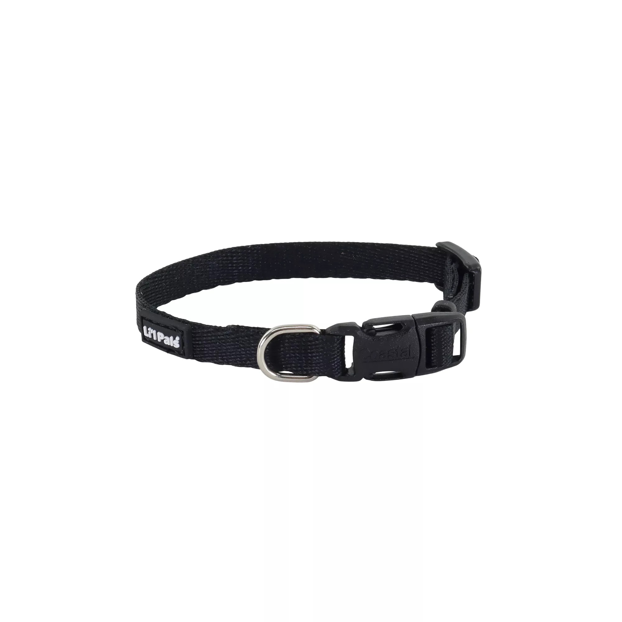 Li'l Pals® Adjustable Dog Collar in black, arranged in an oval shape against a plain white background. The collar features a solid black woven strap, a black plastic side‑release buckle, and a silver metal D‑ring for leash attachment. A small black fabric tag with the Li'l Pals® logo is stitched to the strap near the buckle.