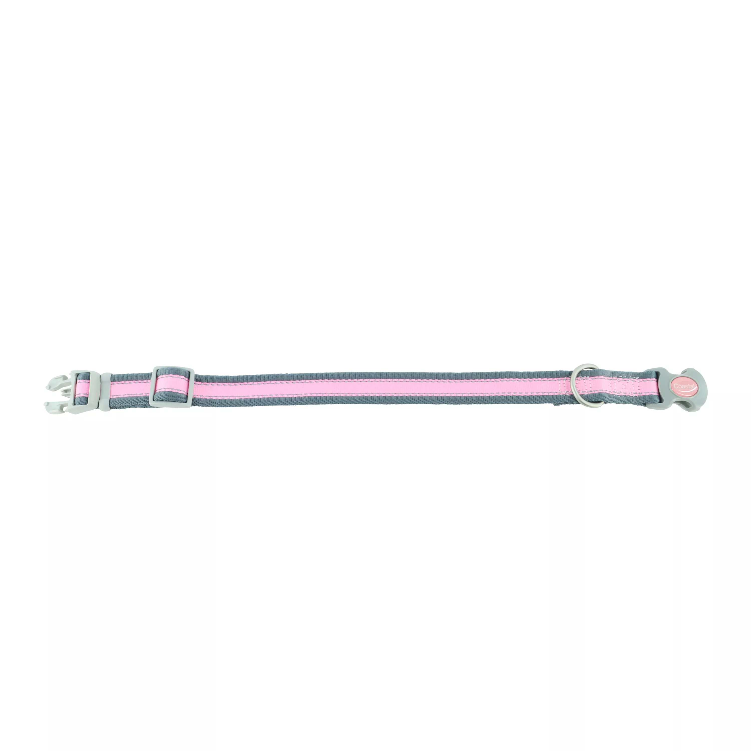 A reflective adjustable dog collar in bright pink with gray is displayed fully extended in a straight line against a white background. The woven strap is bright pink with gray edge binding and reflective stitching running along both sides. A gray adjustment slider is visible near one end of the strap, and a gray plastic buckle is positioned at the opposite end. The components and stitching are clearly visible along the full length of the collar.