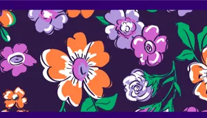 A swatch showing a vivid purple background decorated with large sketched flowers. The blooms appear in orange, white, and lavender with bold outlines and stylized petals. Leaves and smaller floral elements fill the surrounding space, creating a lively, hand‑drawn botanical pattern.