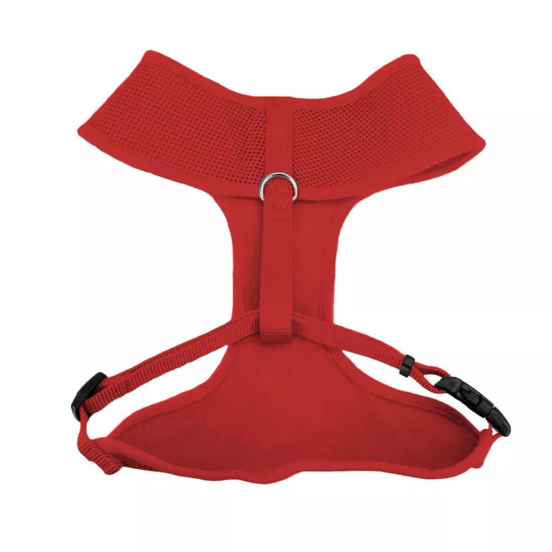 A product‑only image of a red Comfort Soft adjustable mesh dog harness shown upright against a white background. The harness has a bright red padded mesh chest panel with a textured honeycomb finish and red woven straps. Black plastic adjustment sliders connect the straps, and a black plastic side‑release buckle secures the girth strap. A silver‑tone metal D‑ring sits at the top of the back strap.