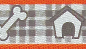 A swatch displaying a fun printed band with a grey gingham background. White illustrations of a dog bone and a doghouse sit across the center, outlined with pale shadowing. The edges of the swatch include a bright orange stitched border, adding a bold pop of color to the playful print.