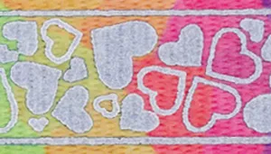 A swatch decorated with a colorful pattern of heart outlines on a gradient background. The hearts are drawn in shades of white and grey and appear across a multicolor backdrop transitioning through pink, yellow, lime green, and turquoise. The print is bright, cheerful, and smoothly textured.