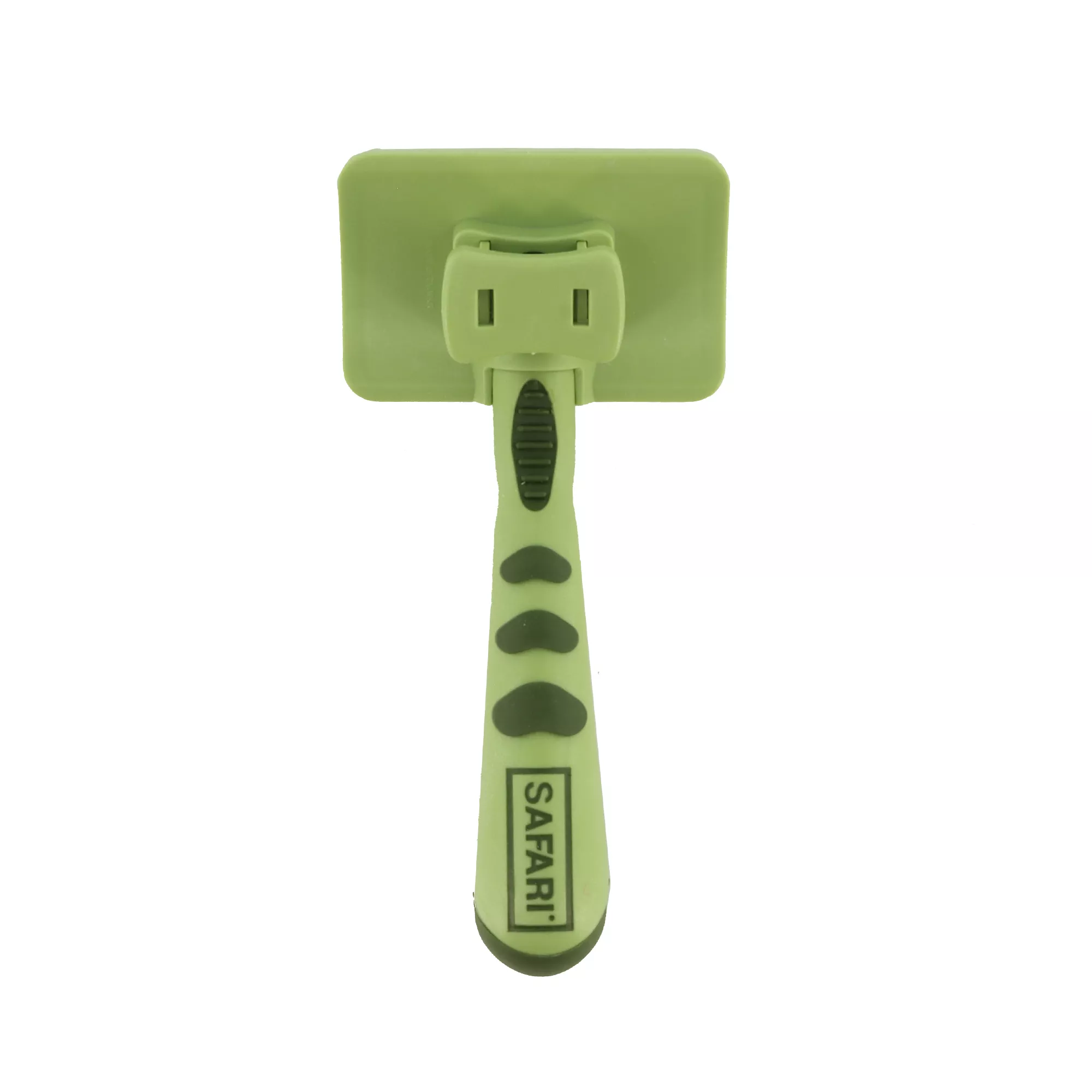 A self‑cleaning slicker brush is shown upright against a white background. The brush has a rectangular metal‑bristle head and a pale green handle with darker green textured grip sections. A raised button is located behind the brush head.