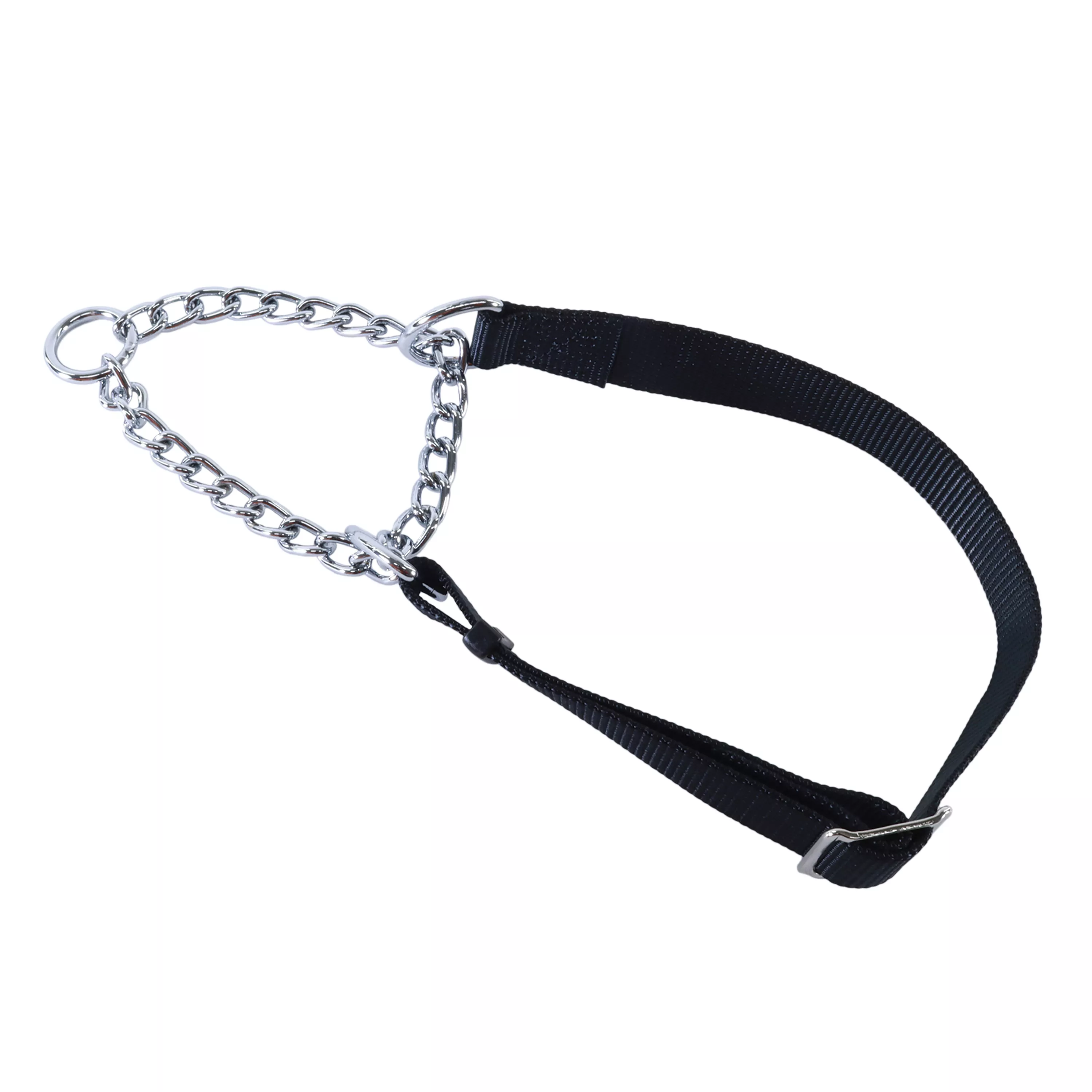A product image of the Coastal® Adjustable Check Training Collar™ for Dogs in blue is shown against a white background. The black nylon strap features a black plastic adjuster and stitching along the edge. A short silver chain segment forms the correction loop, attached to a polished metal ring.