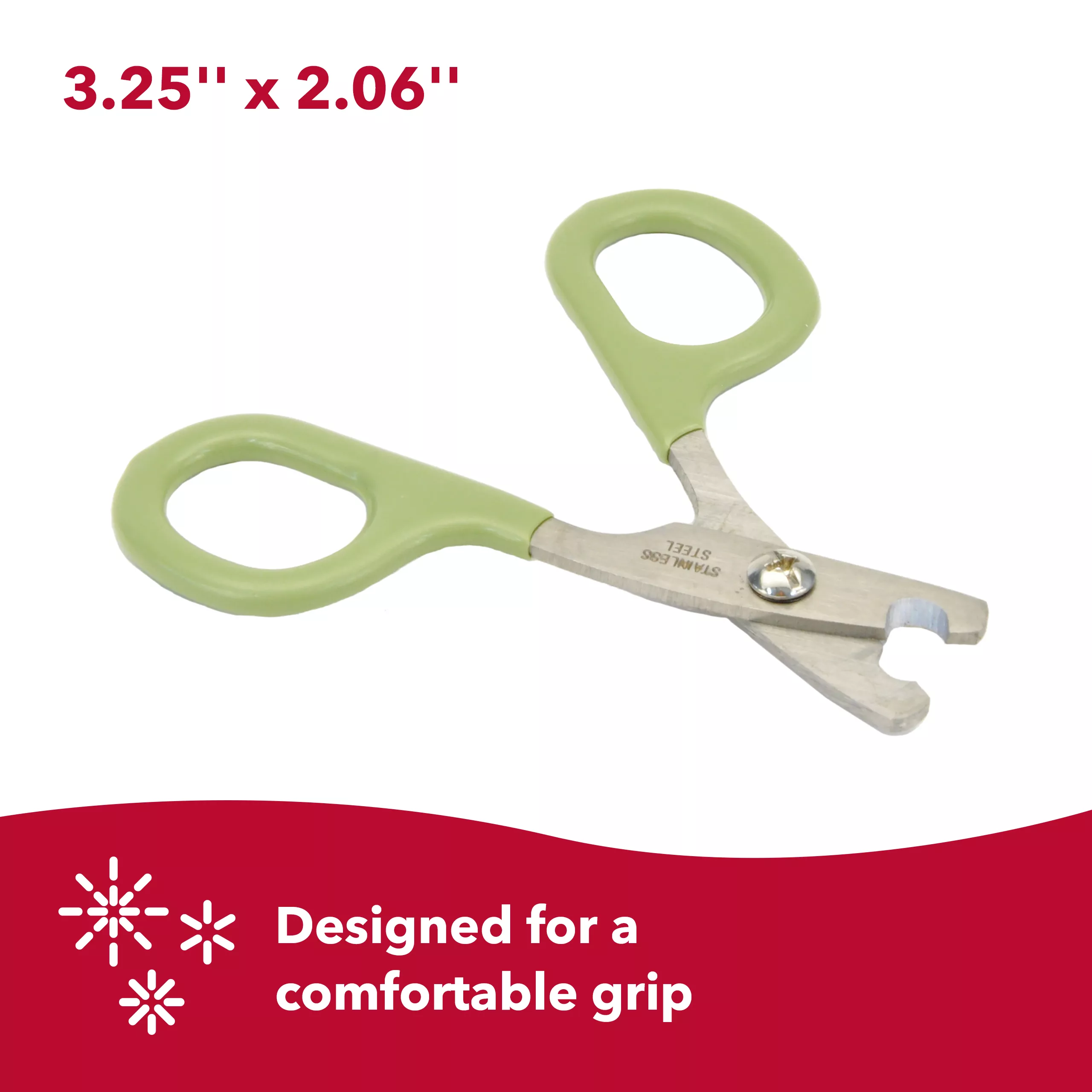 A product image of a nail trimmer displayed on a white background. The trimmer has curved stainless‑steel cutting blades connected by a hinge. The light green plastic handles include darker green grip sections. A red banner along the bottom features a white starburst‑style icon and the printed text “Designed for a comfortable grip.” Above the banner, red text reads “3.25'' x 2.06''.”