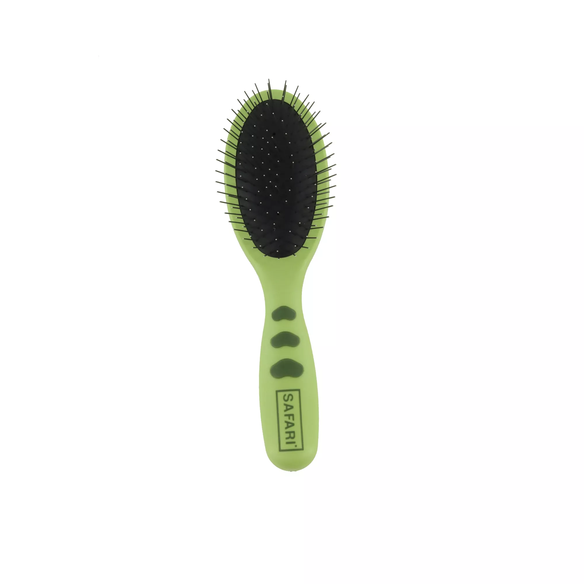 A wire pin brush with a plastic handle displayed on a white background. The brush has a light green handle and an oval head filled with metal wire pins tipped with small protective ends.