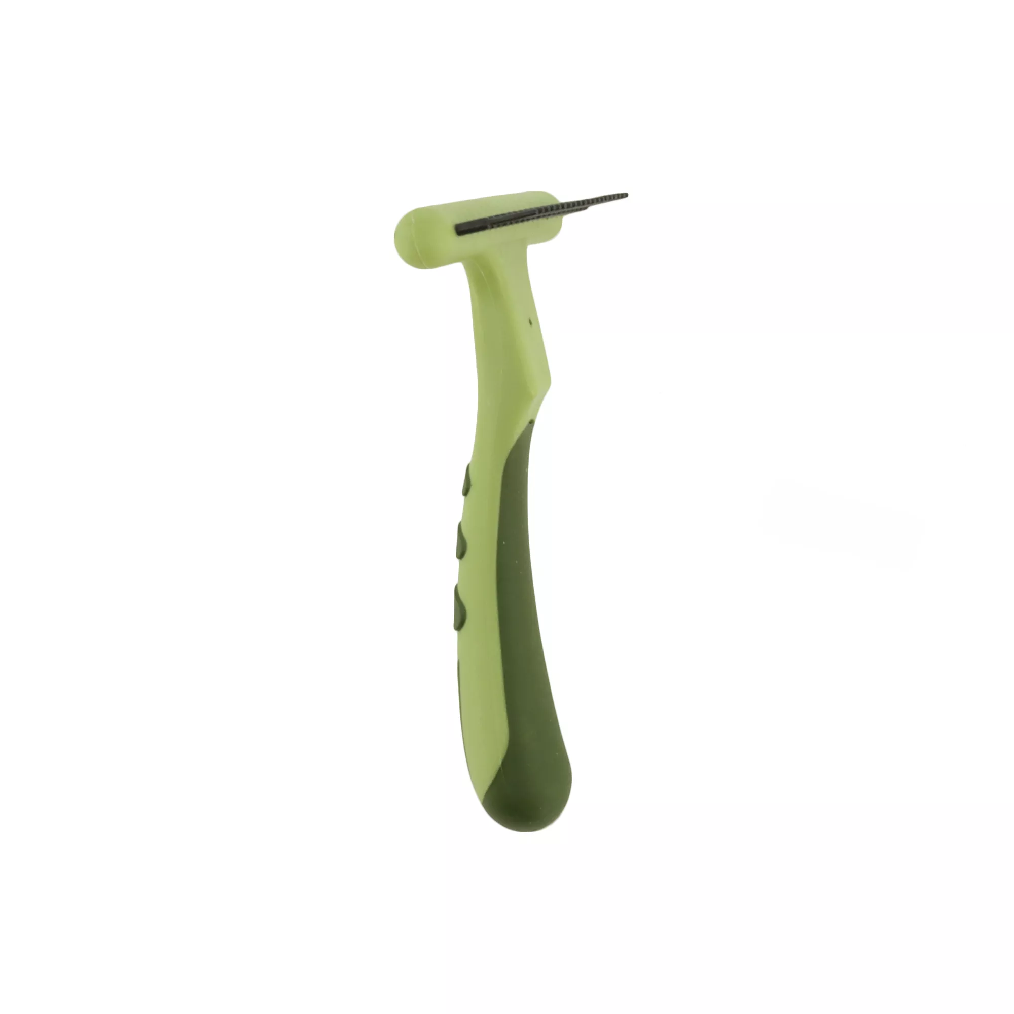 A single row undercoat rake displayed at a three‑quarter angle on a white background. The grooming head has a single line of long metal pins seated in a plastic spine. The handle is ergonomically curved, light green plastic with darker green rubber grip areas along the underside.