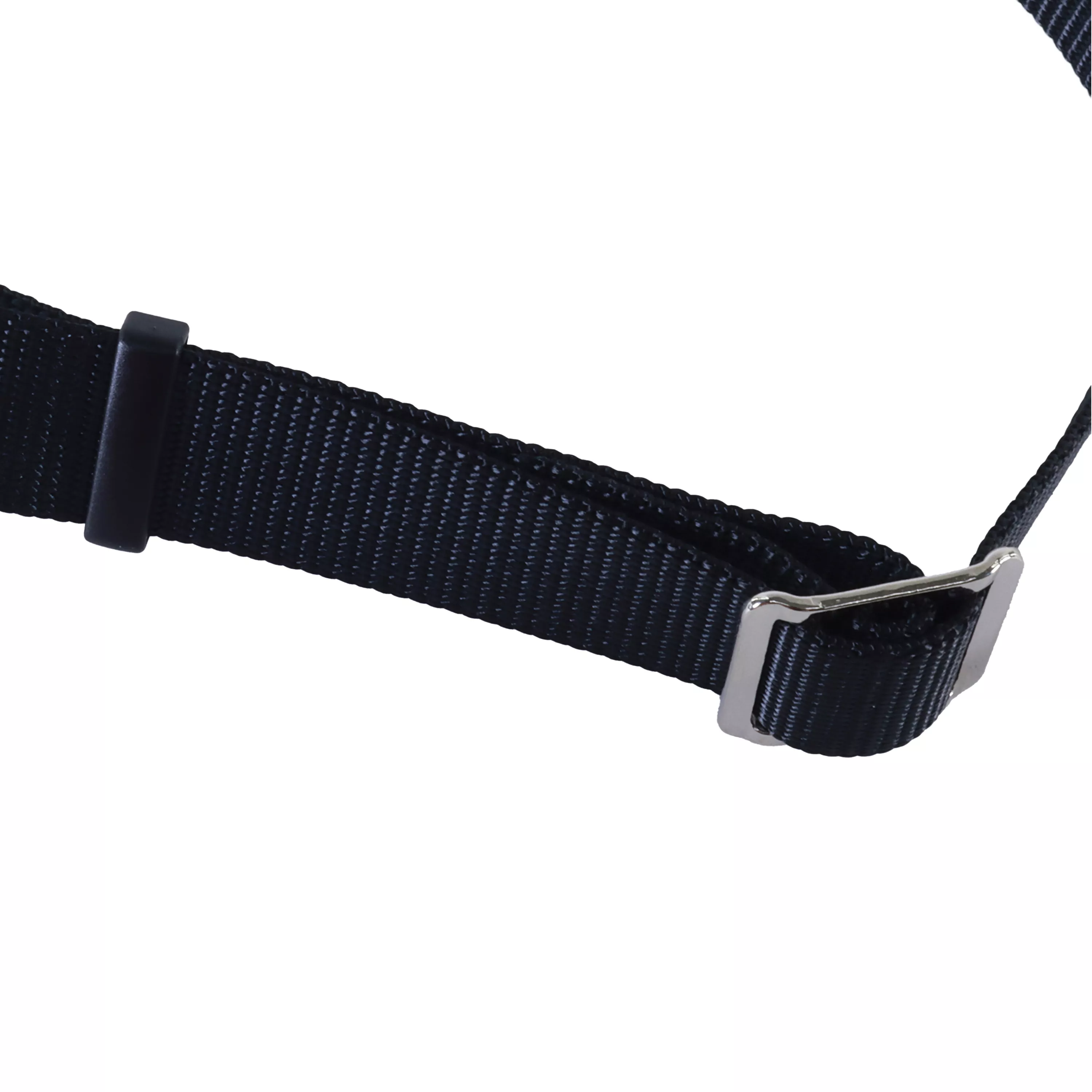 A product image shows the Coastal® Adjustable Check Training Collar™ for Dogs in black laid against a white background. The collar consists of a flat black nylon strap connected to a short segment of silver‑metal chain. A circular silver O‑ring links the nylon section to the chain. A black plastic adjuster allows custom sizing. The chain portion features smooth metal links with a polished finish.