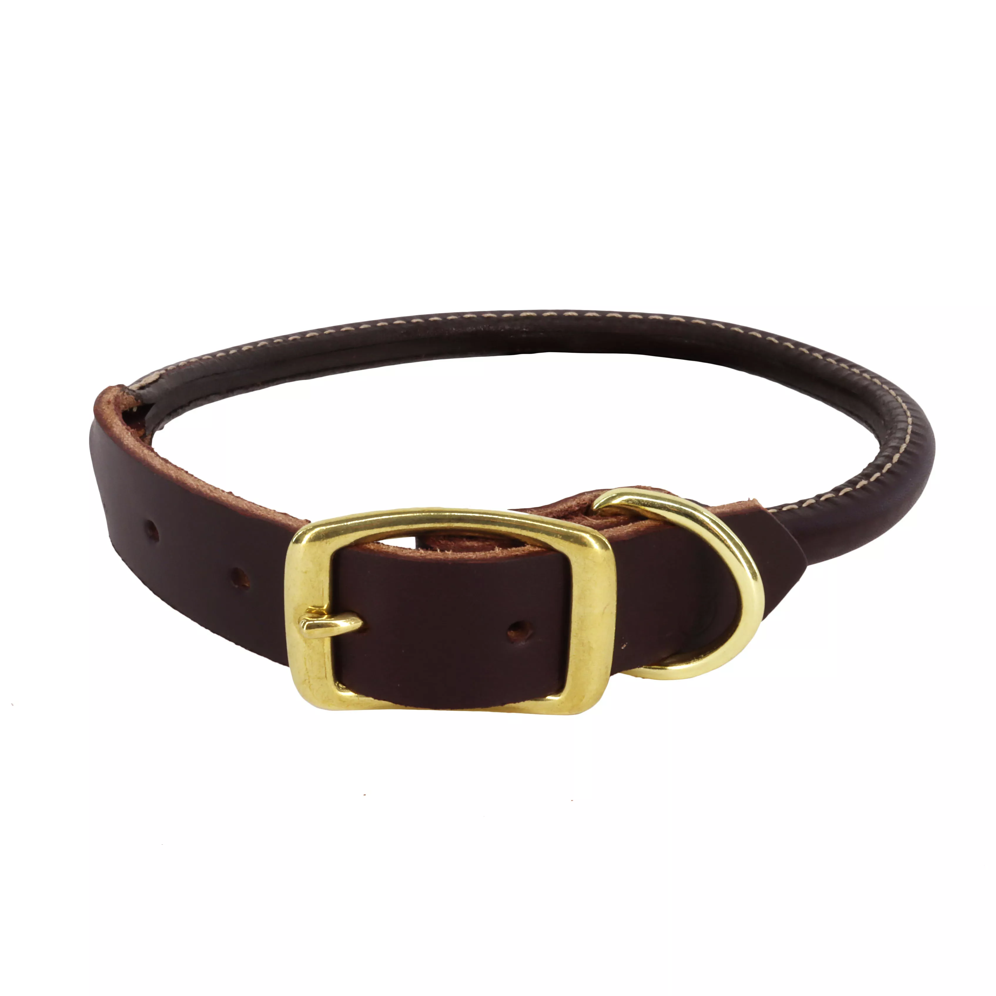 A full product image of the Circle T® Latigo Leather Round Dog Collar with Brass Hardware appears against a white background. The rounded reddish‑brown latigo leather forms a smooth, consistent cylinder along the collar’s length. The reinforced flat buckle section features thick tan stitching and holds a polished brass buckle and matching brass D‑ring. The brass hardware has a warm golden tone that contrasts with the deep color of the leather. The collar is positioned in an oval shape, showcasing its structure, thickness, and premium handcrafted finish.