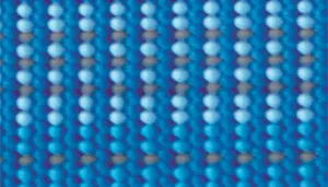 A swatch displays reflective woven fabric. The swatch features vertical rows of small circular reflective elements in alternating shades of bright blue, light blue, and light gray. The underlying fabric appears tightly woven with a smooth, flat surface and consistent spacing between reflective dots.