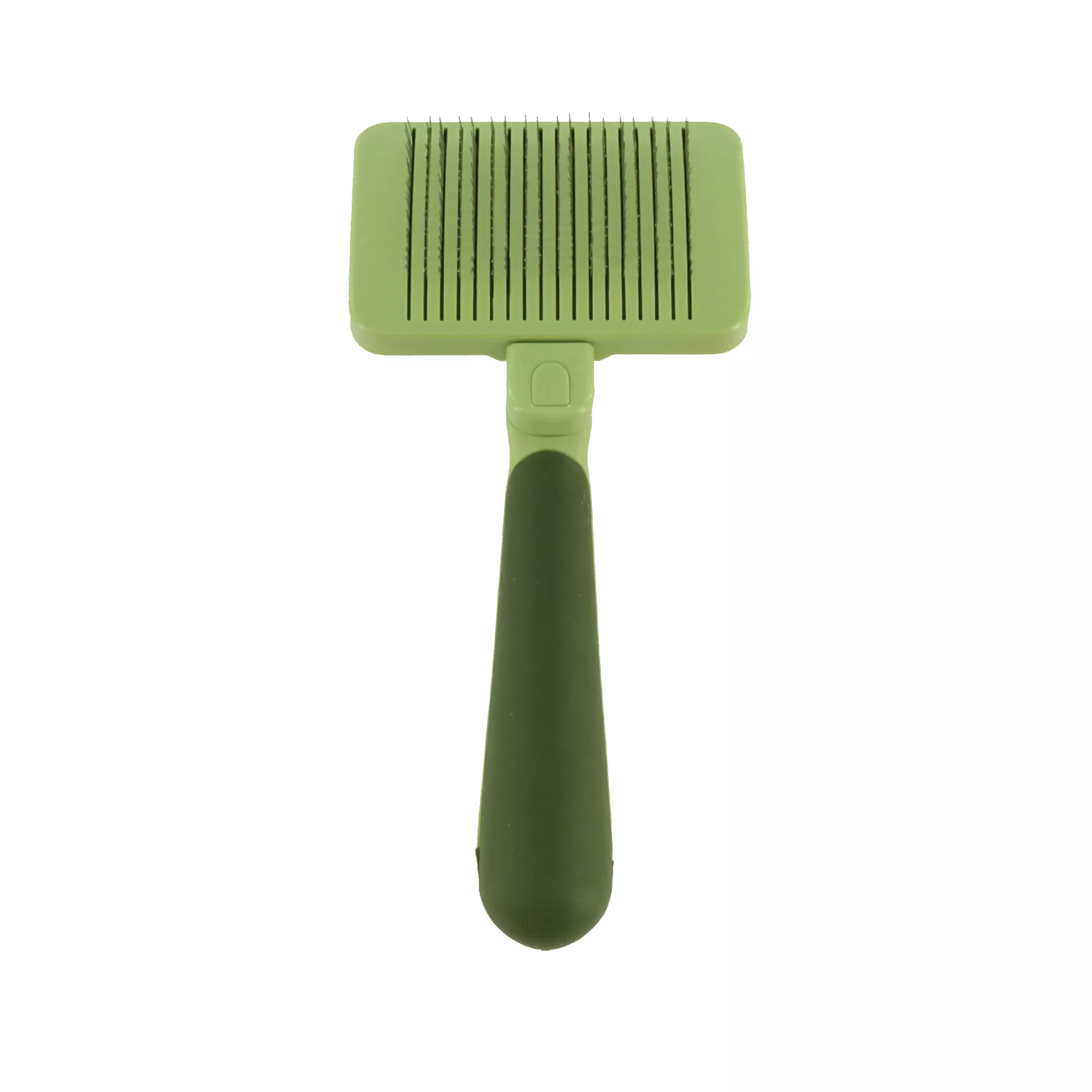 A self‑cleaning slicker brush displayed on a white background. The brush has a dark green handle and a wide rectangular head with fine metal pins and a textured push plate on the back.