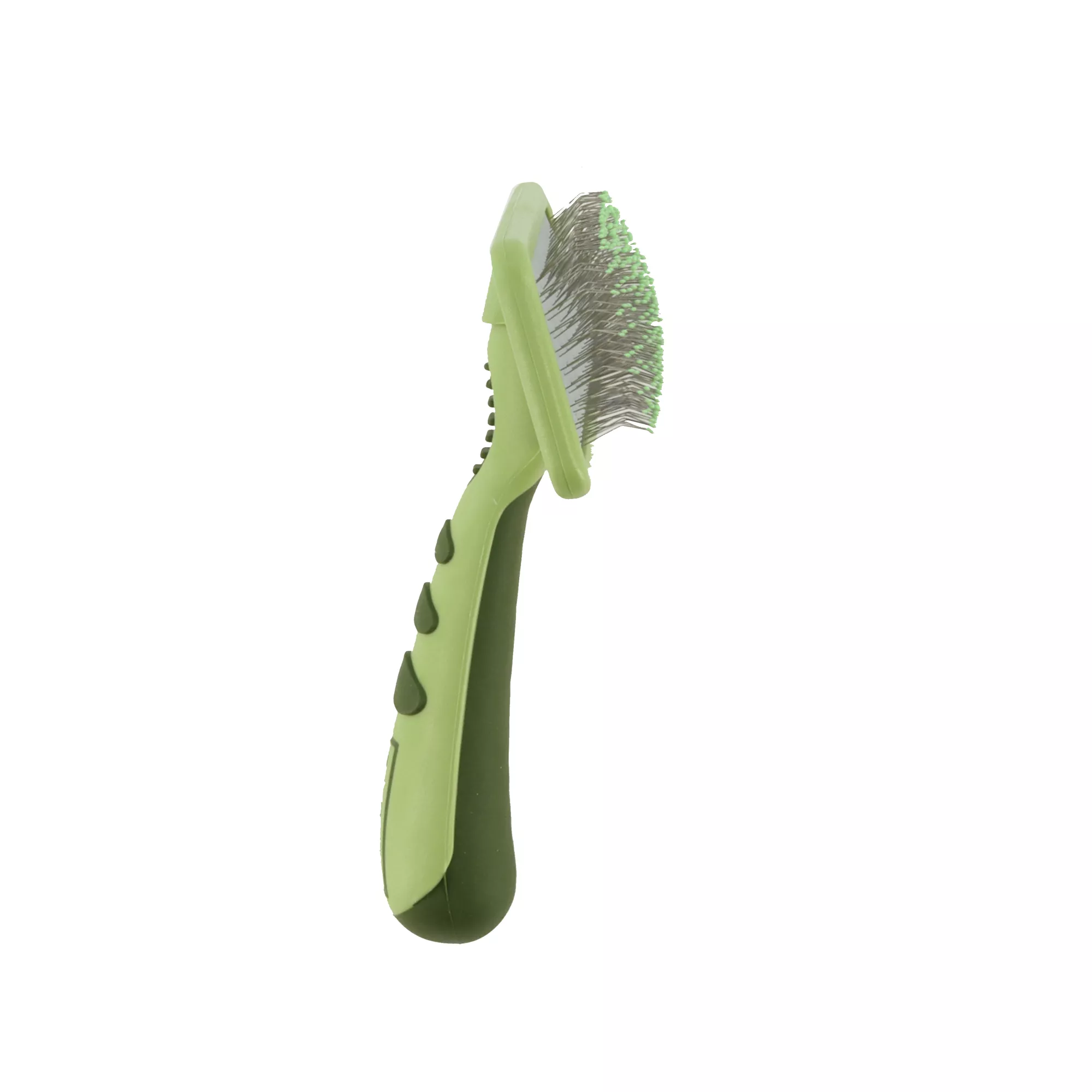A soft slicker brush displayed from a side angle on a white background. The brush head is rectangular with rounded corners and contains a dense array of thin metal pins emerging from a green head. The frame and handle are light green plastic. The handle is contoured and includes darker green oval rubber grip inserts arranged vertically along the underside.