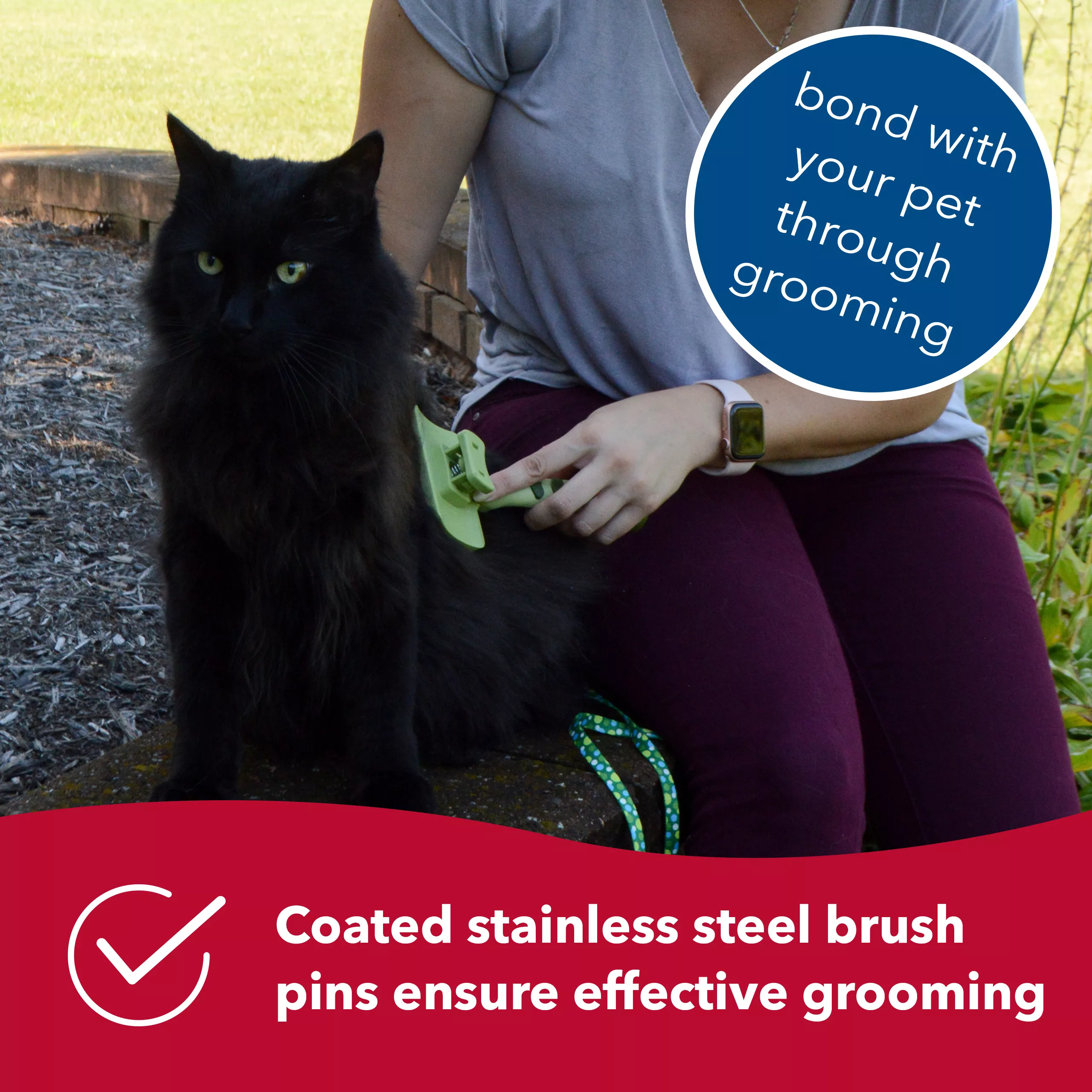 A cat being brushed indoors with a green self‑cleaning slicker brush. A red banner with a white checkmark icon reads: “Coated stainless steel brush pins ensure effective grooming.” A blue circular label reads: “bond with your pet through grooming”