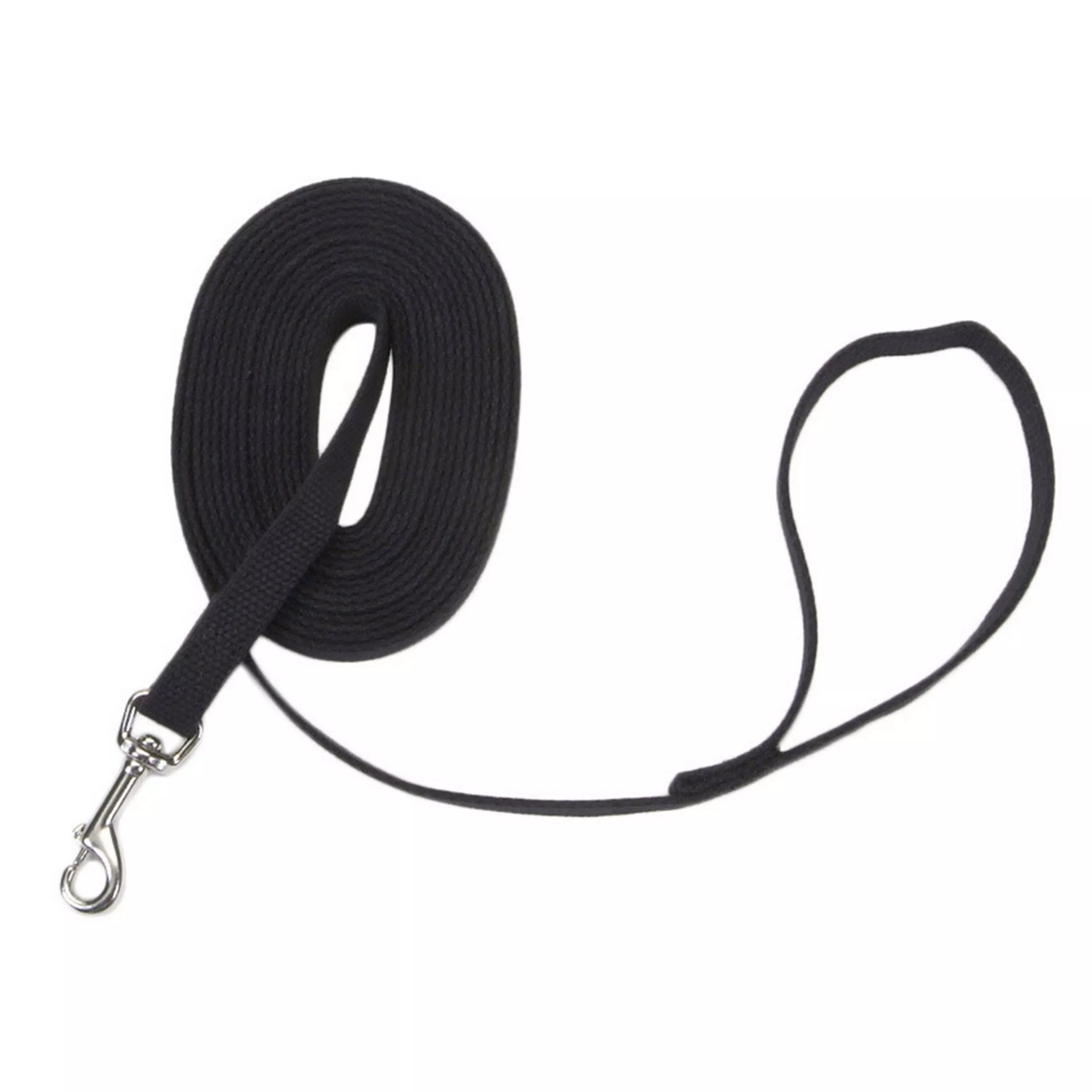 A black cotton web dog training leash is displayed against a plain white background. The leash is coiled into a circular bundle, with a looped handle extending outward. The leash is made of flat woven cotton material in solid black. A silver metal swivel snap hook with a spring‑loaded clasp is attached at the opposite end. Black stitching secures the hook to the strap.