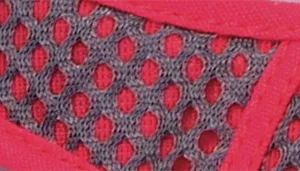 A swatch displays mesh fabric in gray with red accents. The perforated mesh structure shows evenly spaced circular holes. Red fabric edging and stitching are visible along the surface, contrasting with the gray mesh.