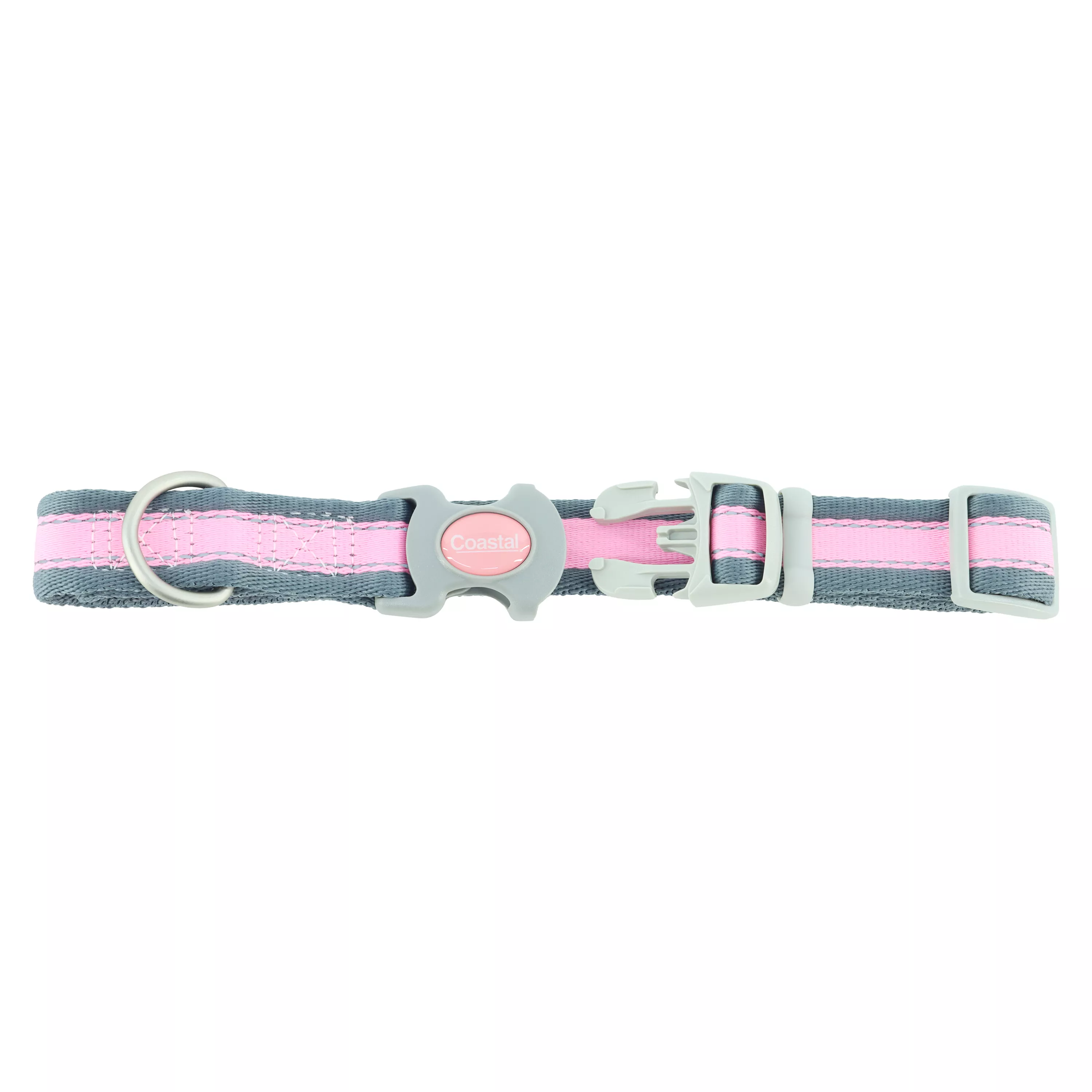 A reflective adjustable dog collar in bright pink with gray is shown in a gently curved shape against a white background. The woven strap is bright pink with gray trim along both edges and reflective stitching integrated into the material. A gray plastic side‑release buckle is attached at the front, with an oval pink brand tag embedded in the buckle housing. A gray adjustment slider is positioned along the strap. The image shows the pink strap, gray edging, reflective stitching, and gray hardware.