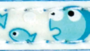 A narrow blue ribbon-style material is shown with a repeating fish pattern. The design includes multiple stylized blue fish in different sizes, outlined in darker blue. One large fish faces right with an open mouth, while a smaller fish appears to the left. The background of the material is light with soft blue shading and faint bubble-like circular accents. The edges of the material have stitched detailing in blue thread.