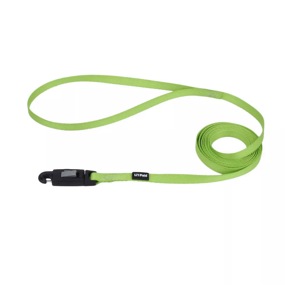 Product image of the Li'l Pals Dog Leash with E‑Z Snap in Lime displayed on a white background. The leash features a bright lime‑green woven strap with a loop handle and a black E‑Z Snap clip at the end for quick attachment to a dog collar. The leash is shown partially coiled, highlighting its smooth texture and lightweight design