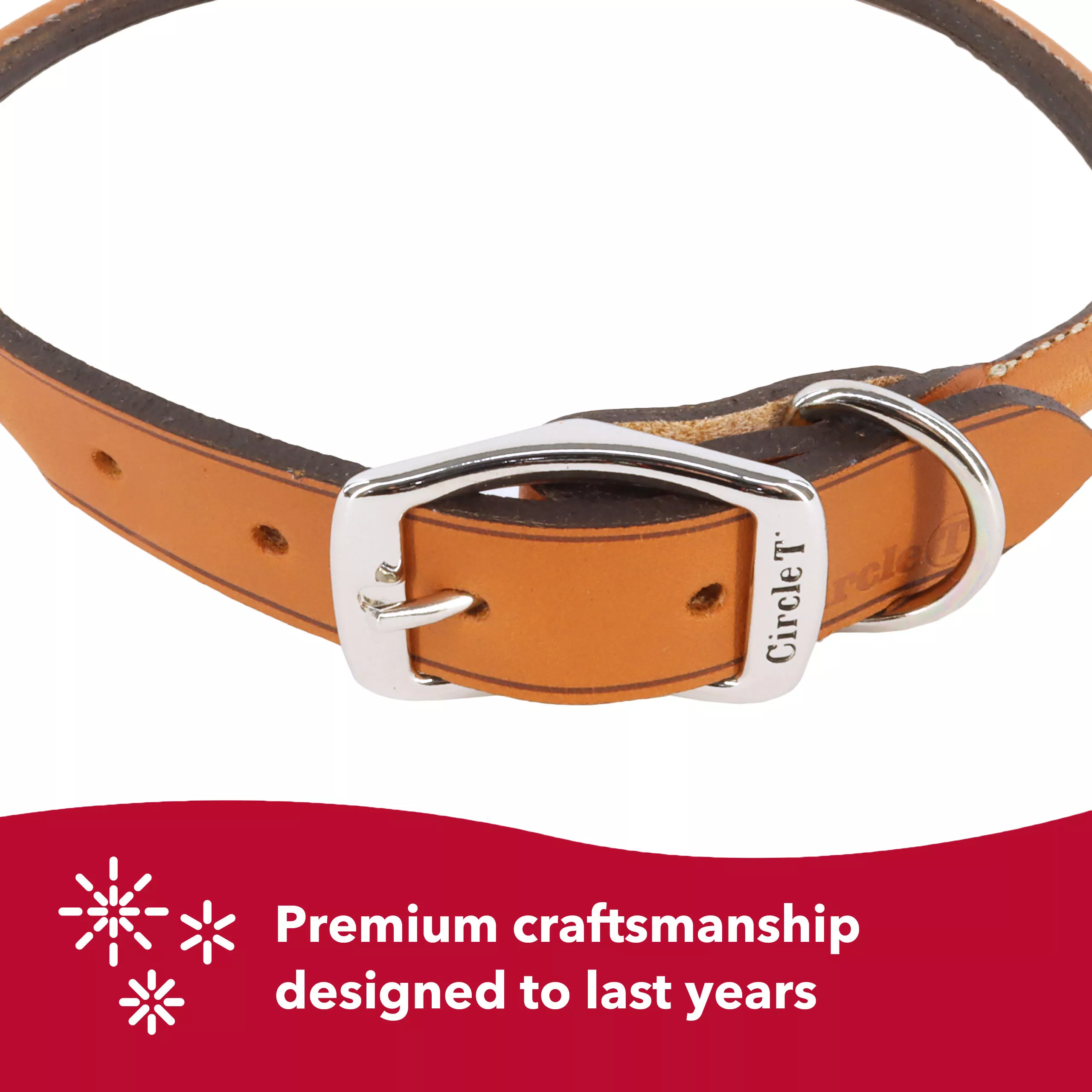 A close product‑only view of the Circle T® Oak Tanned Leather Round Dog Collar shows the buckle area prominently against a white background. The collar is made from rounded light‑tan leather with subtle natural grain. The flat buckle section includes a polished silver buckle, a D‑ring, and multiple sizing holes. A red banner beneath the collar contains white text: “Premium craftsmanship designed to last years”, accompanied by a white sparkle icon.