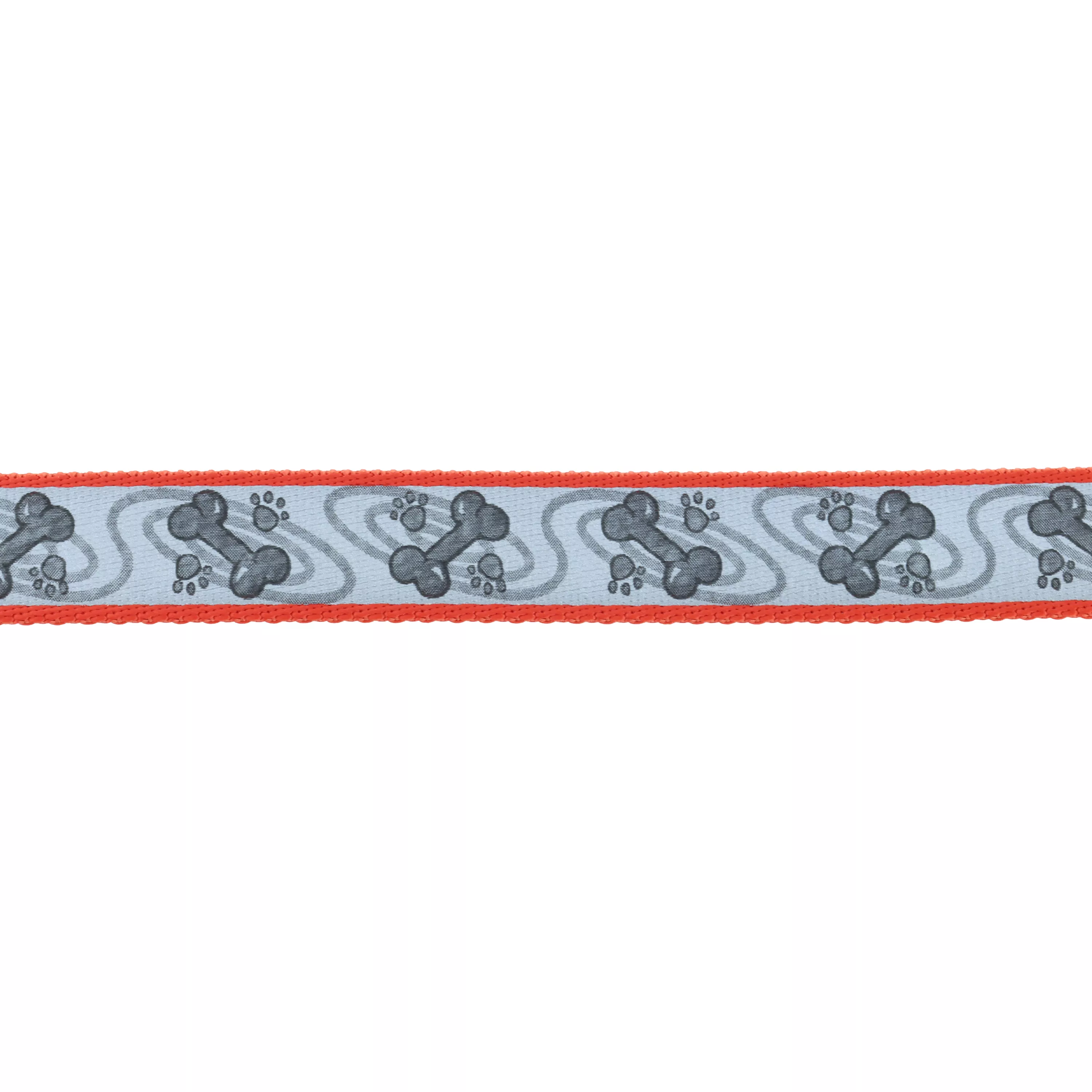 A reflective strip of material is displayed horizontally against a white background. The strap is made of light‑gray reflective material with a laser‑etched swirling pattern and black trim along the edges. A strip of red woven webbing runs along the underside.