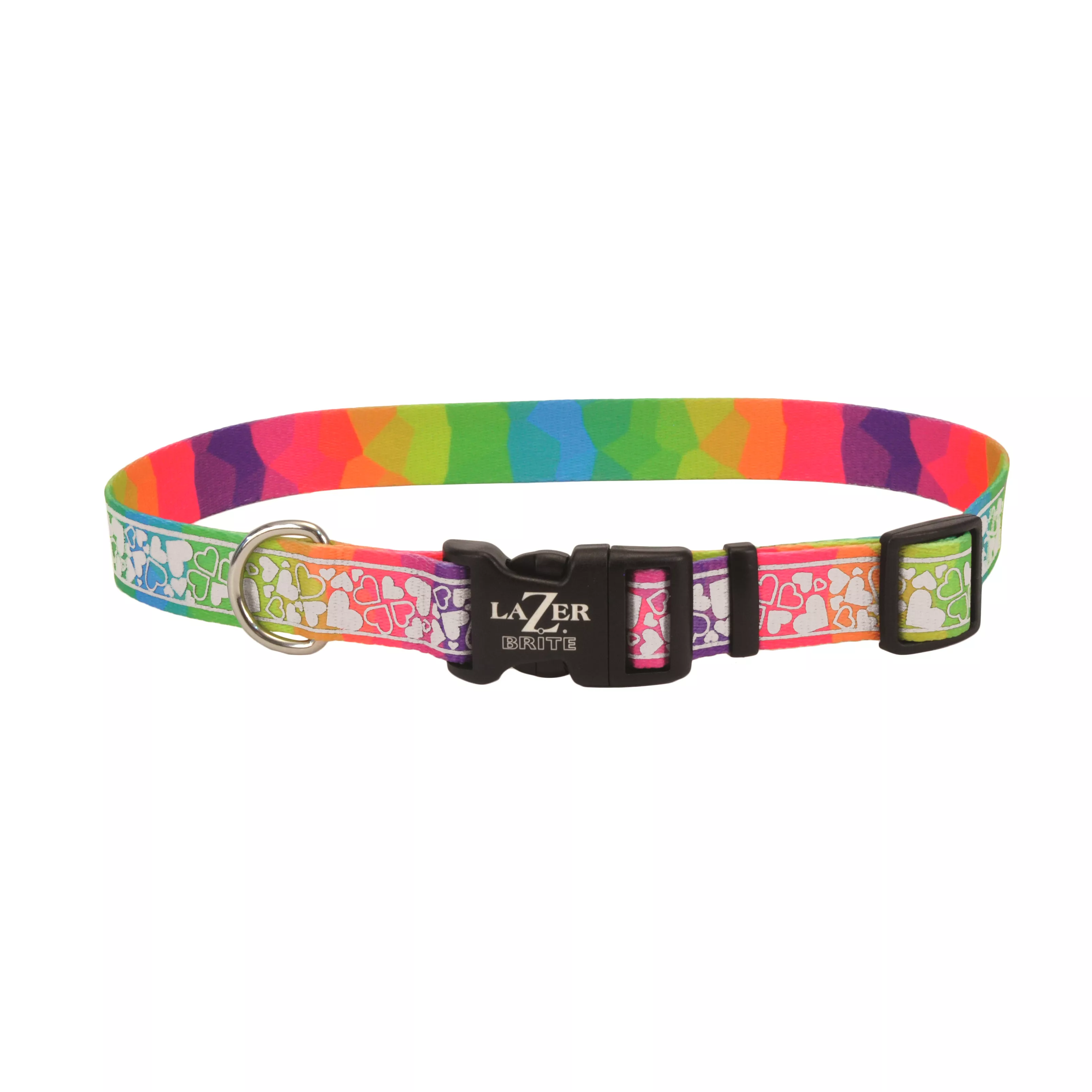 A patterned reflective dog collar with a rainbow‑colored base strap is displayed against a white background. A light‑gray reflective strip with laser‑etched shapes is layered over the multicolor webbing. The collar includes a black plastic buckle, a black plastic adjustment slide, and a silver metal D‑ring. A small silver bell is attached via a metal split ring.