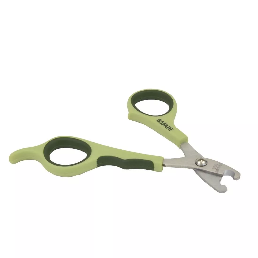 A pair of nail trimmers is displayed against a white background. The tool has pale green handles with darker green rubber grip inserts. The metal cutting blades form a curved, scissor‑style trimmer with a pivot screw connecting the blades.