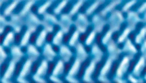 A swatch displays elastic woven material in blue and white. The material shows a tightly interlaced pattern of alternating blue and white strands forming a chevron‑like weave. The surface appears stretchy with a smooth, fabric texture.