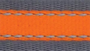 A swatch showing a close‑up of woven fabric. The swatch features a bright orange central stripe bordered on both sides by dark gray fabric, with narrow reflective stitching running lengthwise along the orange section. The woven texture is clearly visible.
