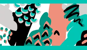 A swatch displaying an abstract hand‑drawn pattern in teal, black, coral, and muted green. The design includes loose brushstroke shapes, irregular dots, and curved marks that overlap in varying densities. The pattern resembles expressive mixed‑media artwork with playful, spontaneous movement.