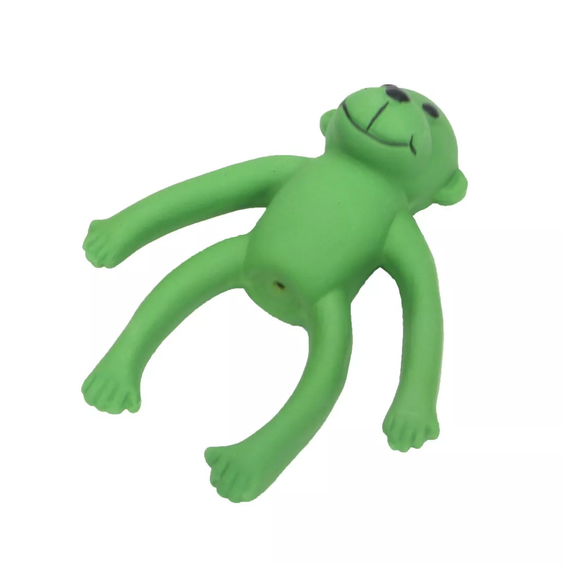 A latex dog toy shaped like a monkey is displayed against a white background. The toy is bright green with a rounded head, smiling facial expression, and long flexible legs that extend outward. Molded details form the ears, limbs, and facial features. The surface has a smooth matte finish.