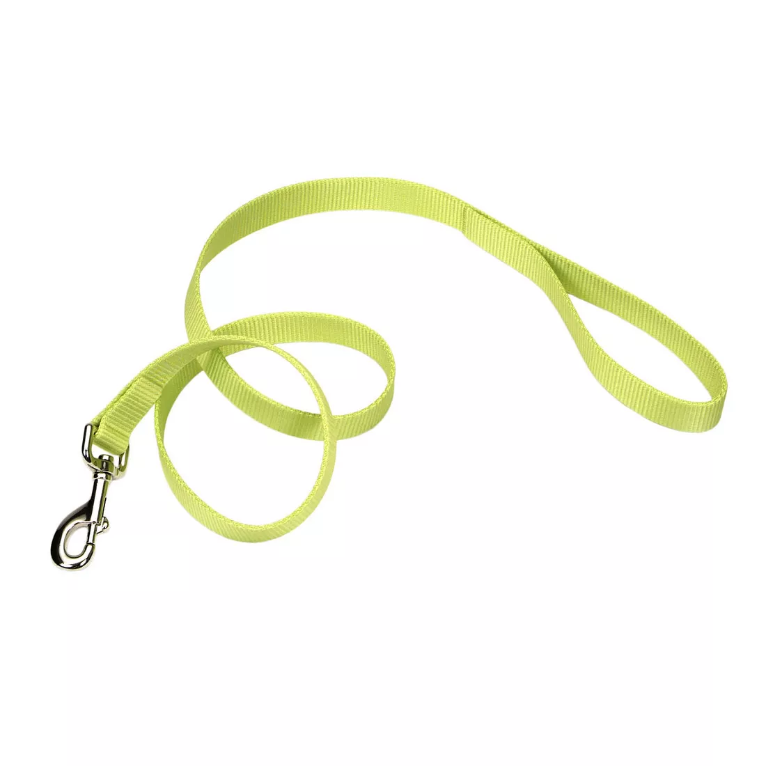A product‑only image of a lime single‑ply dog leash displayed against a white background. The leash is made of woven nylon with a ribbed texture and a bright green color. One end contains a looped handle, and the opposite end features a silver‑tone metal swivel bolt‑snap clasp attached with a folded stitched section. The leash is coiled to show its length and material.