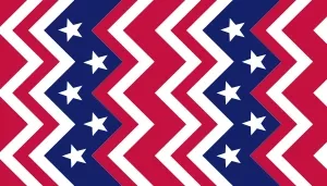A swatch featuring bold, patriotic colors arranged in a repeating pattern. Red zigzag chevrons sit between navy bands filled with evenly spaced white stars. The chevrons have clean angular peaks, and the stars are crisp five‑point shapes. The palette consists of vivid red, bright white, and deep navy, creating a strong graphic statement.