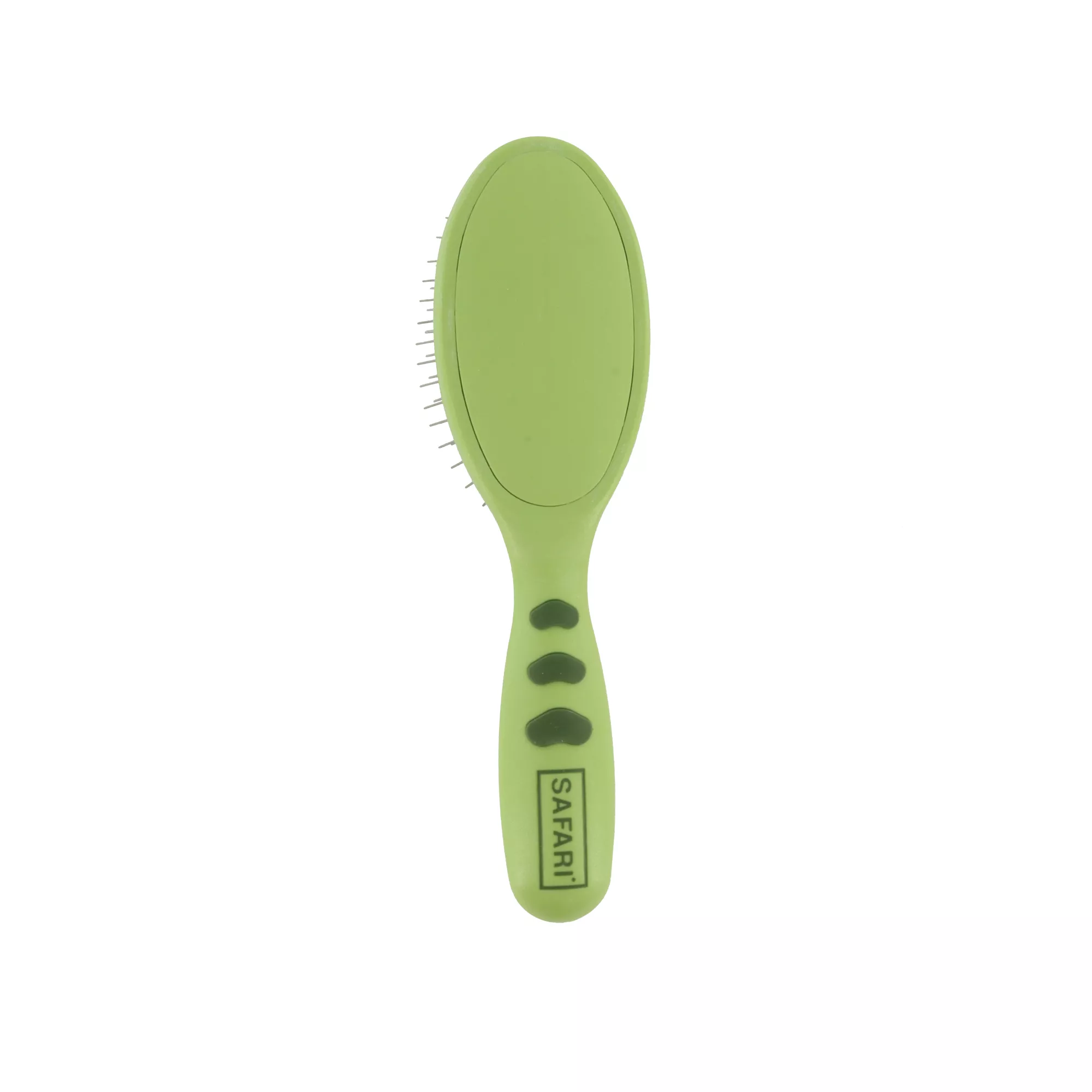 A wire pin brush with a plastic handle displayed upright on a white background. The oval brush head has a black cushioned pad containing rows of straight metal pins. The handle is vertically aligned in light green plastic with darker green textured grip sections down the center. The printed text “SAFARI®” appears near the base.