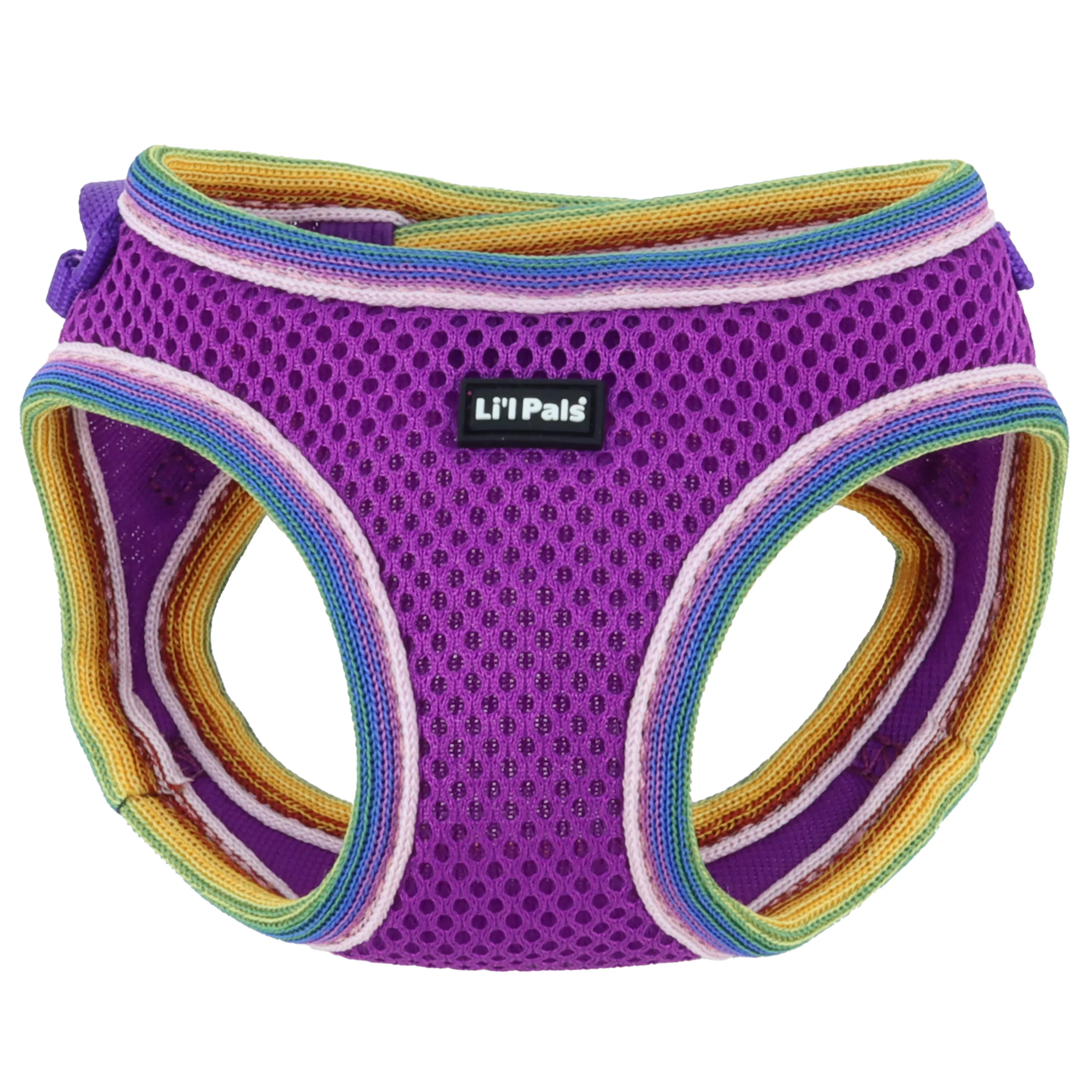 Product image of the Li'l Pals Comfort Mesh Dog Harness in Orchid, displayed on a white background. The harness features a bright orchid‑purple mesh body with yellow trim and breathable mesh panels. It has reinforced stitching, a soft padded neckline, and a top strap equipped with a silver metal D‑ring and black plastic buckle for leash attachment. The step‑in design shows wide arm openings and a lightweight structure.