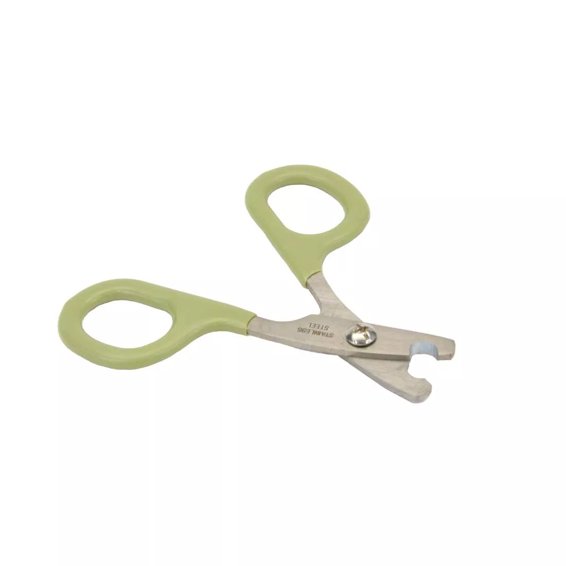 A pair of nail trimmers is displayed against a white background. The tool has pale green handles with circular finger loops and darker green soft‑grip inserts. The metal trimming blades meet in a curved cutting edge, and a pivot screw connects the blades at the center.