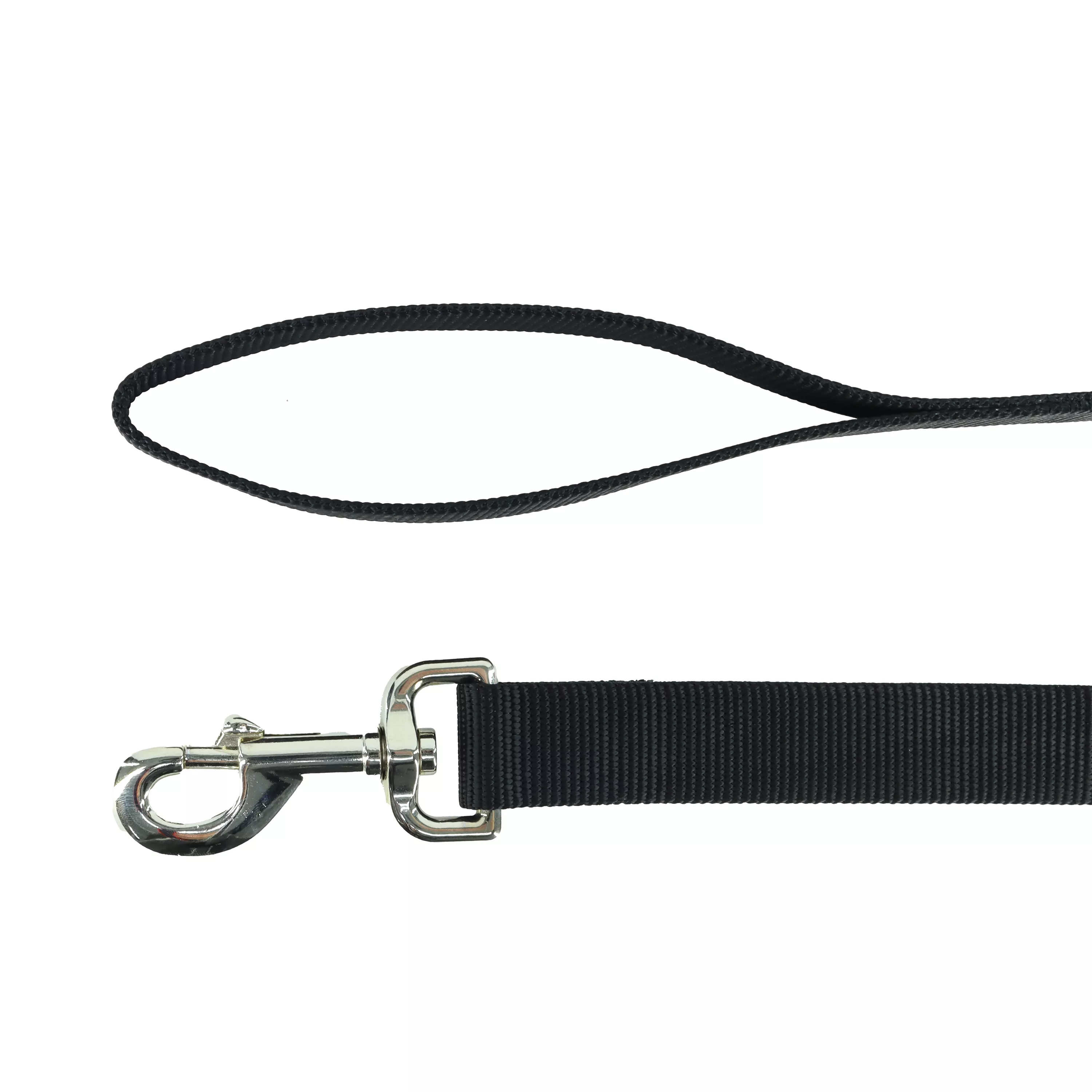 A black single‑ply woven nylon dog leash handle and snap are shown against a white background. The handle forms a loop with folded and stitched edges. A silver‑colored metal snap clip with a spring‑loaded clasp and swivel is attached to the end of the strap.