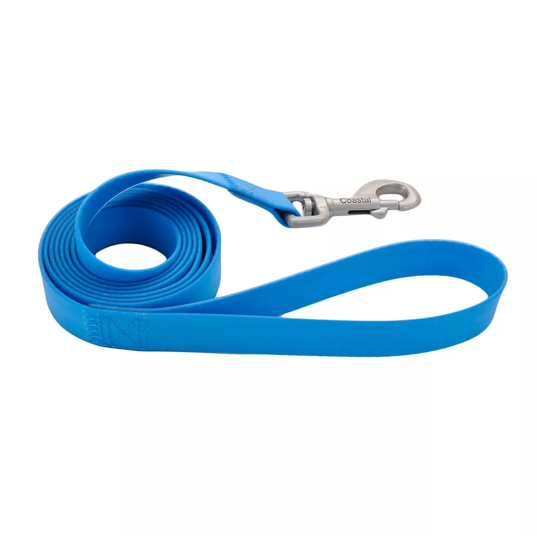 A waterproof dog leash in aqua is displayed coiled on a white background. The leash is made from a smooth, flexible coated material with a uniform aqua color throughout. A silver metal clasp is attached at one end with reinforced stitching where the material is folded over. The opposite end forms a handle loop made from the same aqua waterproof strap.