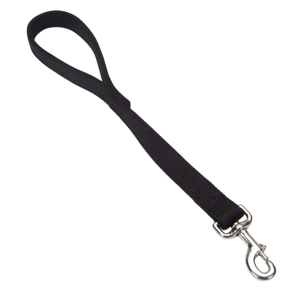 A product‑only image of a black double‑ply traffic leash displayed against a white background. The leash is made of thick woven nylon with a ribbed texture and reinforced stitching along the edges. One end forms a looped handle created by a folded and stitched strap. The opposite end includes a silver‑tone metal swivel bolt‑snap clasp secured with a stitched nylon loop. The leash is short in length and positioned in a curved shape.
