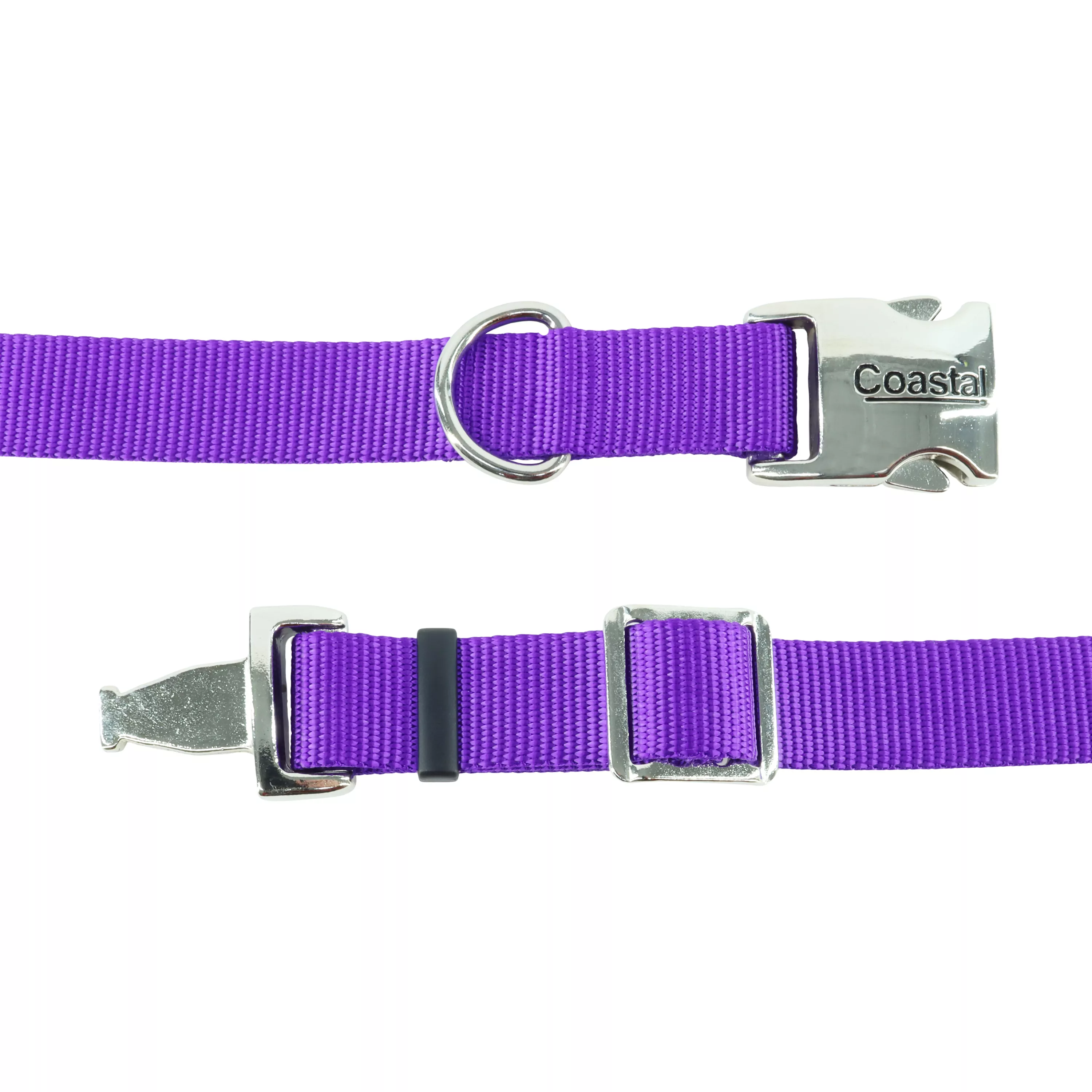 A product image of the Coastal® Adjustable Dog Collar with Metal Buckle displays the full collar shown partially coiled. The strap is made of purple woven nylon with a structured matte finish. A silver‑metal buckle with a rectangular frame secures the strap, and a matching silver‑metal D‑ring is attached nearby for leash connection. The collar includes a sliding adjustment mechanism formed from silver metal, allowing customization of fit.