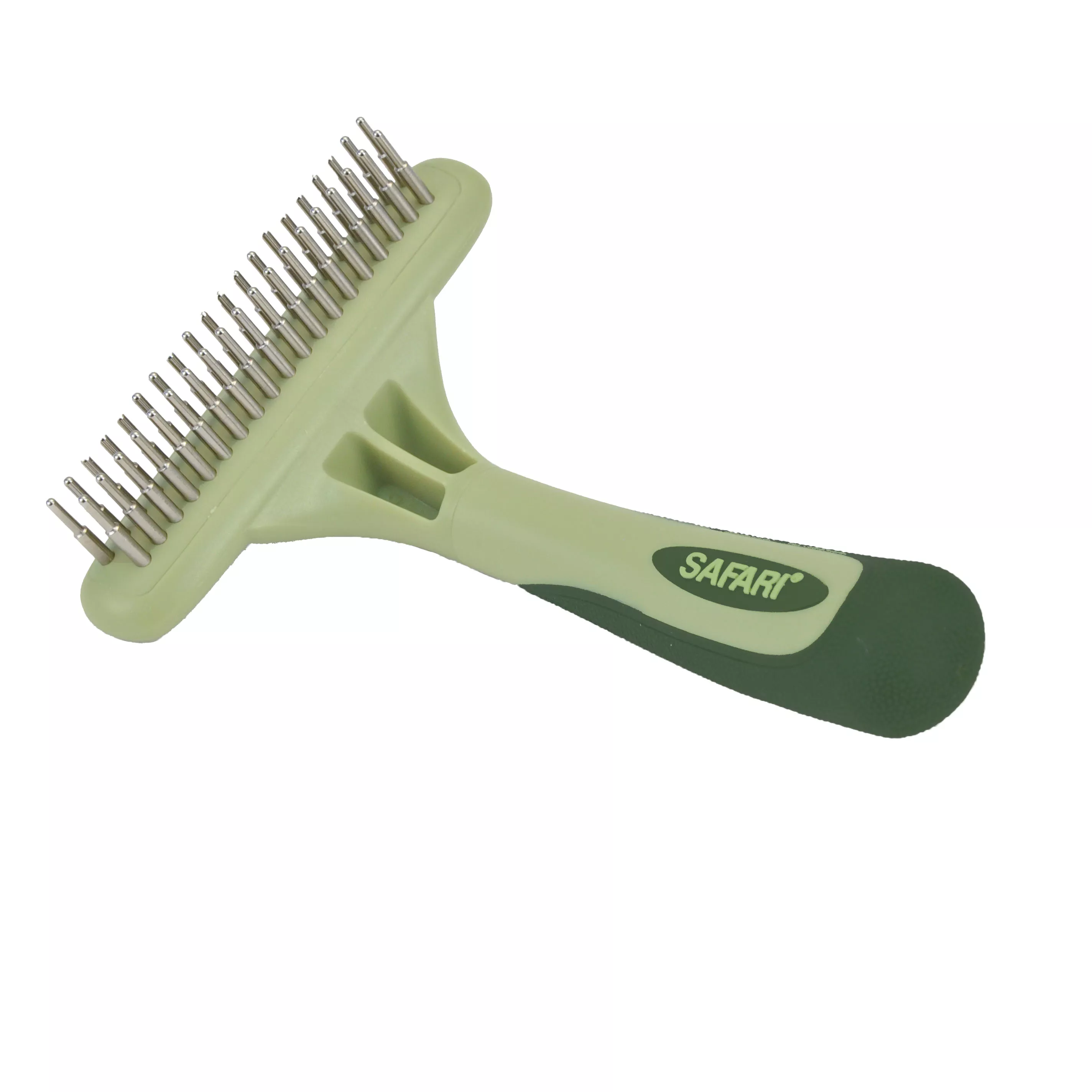 A dog double row undercoat rake with rotating pins displayed horizontally on a white background. The metal pin assembly consists of two rows of long rotating metal pins. The handle is light green with a darker green rubberized base and a curved ergonomic profile.