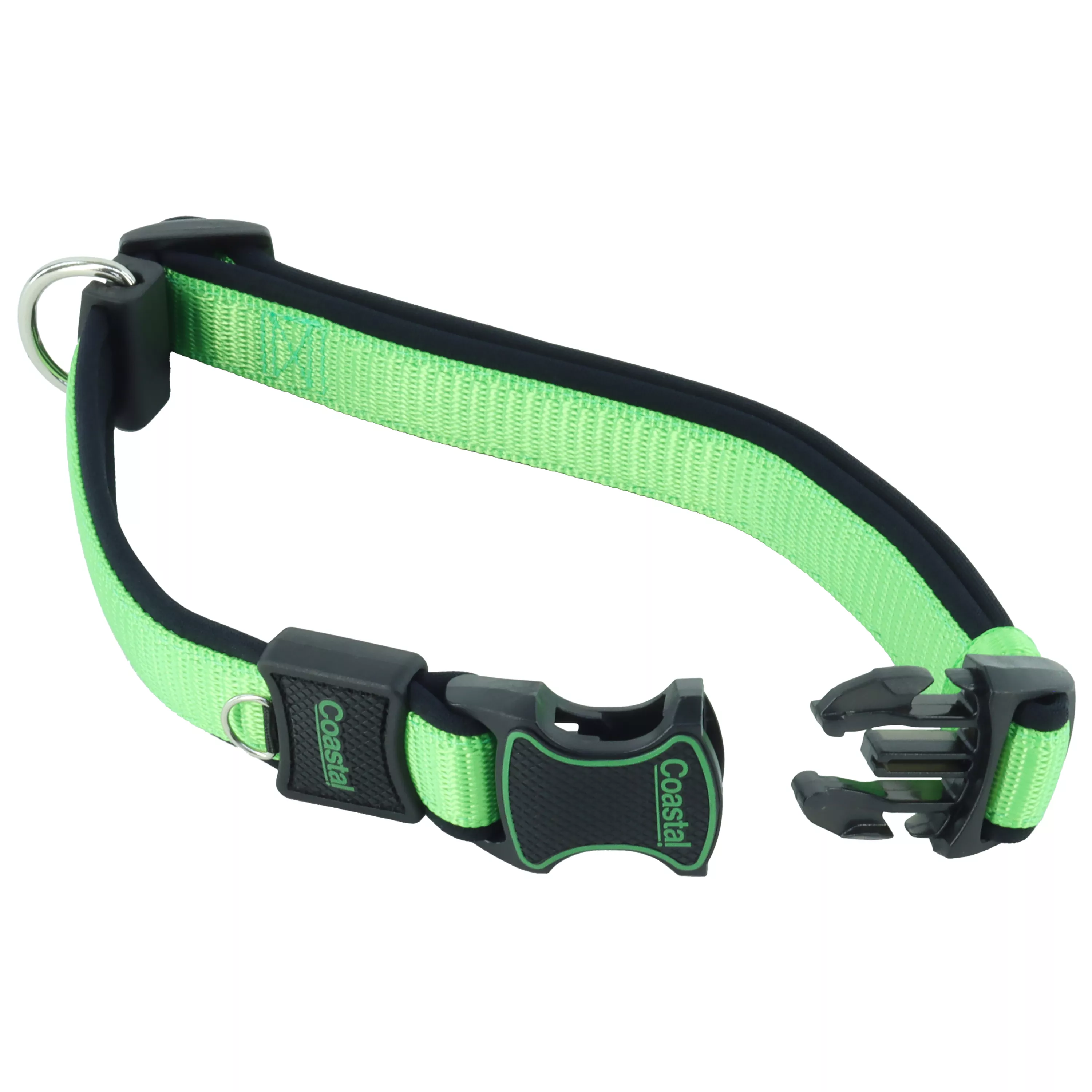 A green adjustable dog collar is shown against a white background. The collar features a woven green strap with black edging and a black padded lining. A black plastic buckle is attached at one end. A small silver metal ID‑tag ring sits adjacent to the buckle. A floating silver D‑ring moves along the strap. A black plastic adjustment slider is positioned along the collar.