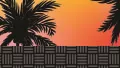 A swatch depicting a sunset silhouette scene. The upper section shows dark palm‑tree silhouettes against a gradient sky transitioning from warm coral to soft lavender. The lower portion features a black geometric grid pattern reminiscent of woven textures or architectural lines. The combination creates a vibrant, tropical nighttime aesthetic.
