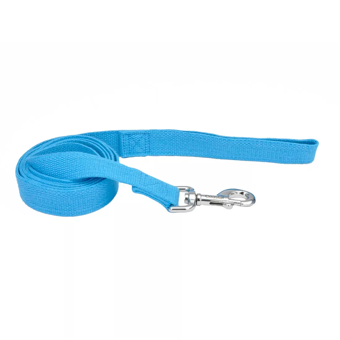A dog leash displayed on a white background, shown partially coiled with one end extending outward. The leash is solid slate blue with a smooth, flat strap construction. One end features a silver‑tone metal snap clip with a rounded swivel base. The opposite end shows a straight cut strap edge without visible padding. The surface appears matte with uniform color and clean edges.