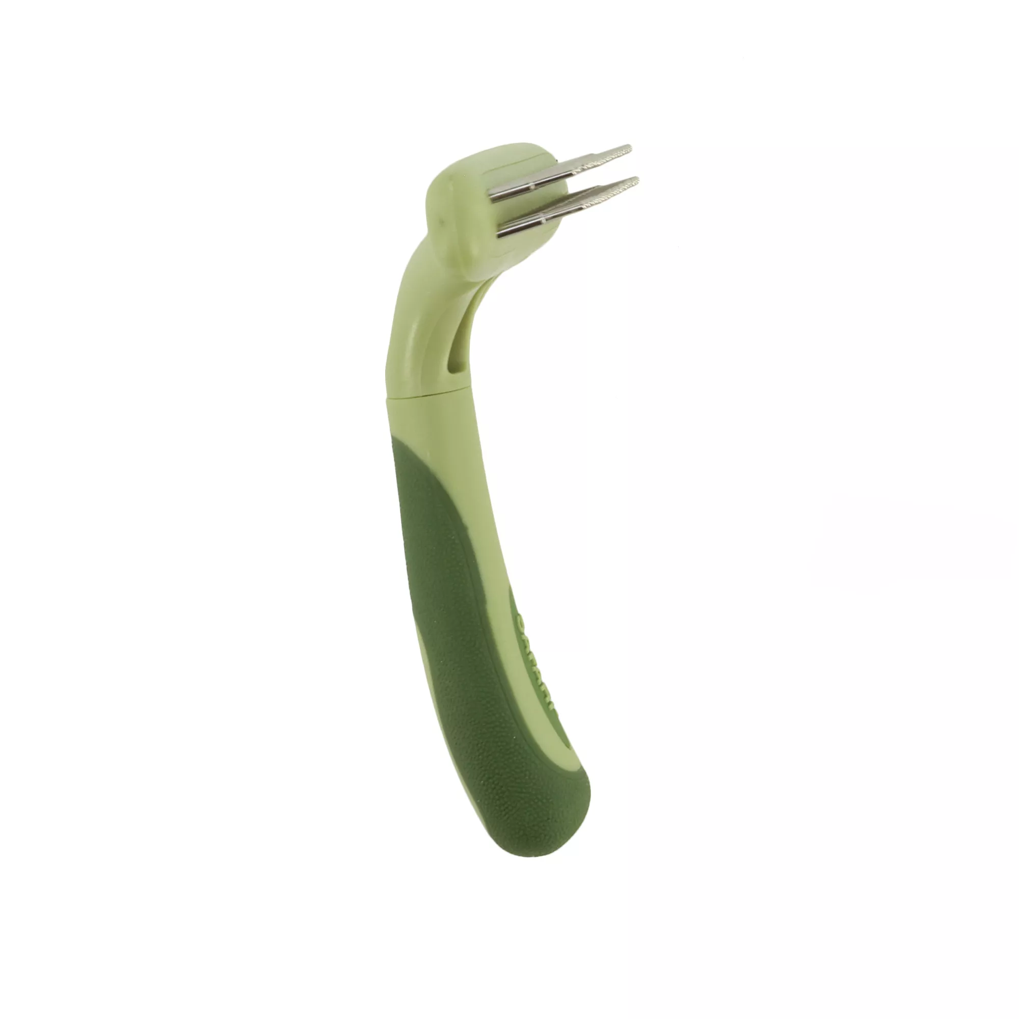 A dog double row undercoat rake with rotating pins displayed from a side angle on a white background. The rectangular head contains two rows of metal pins set into a plastic base. The handle is curved light green plastic with darker green oval grip inserts. The handle shape narrows near the middle and widens toward the base.