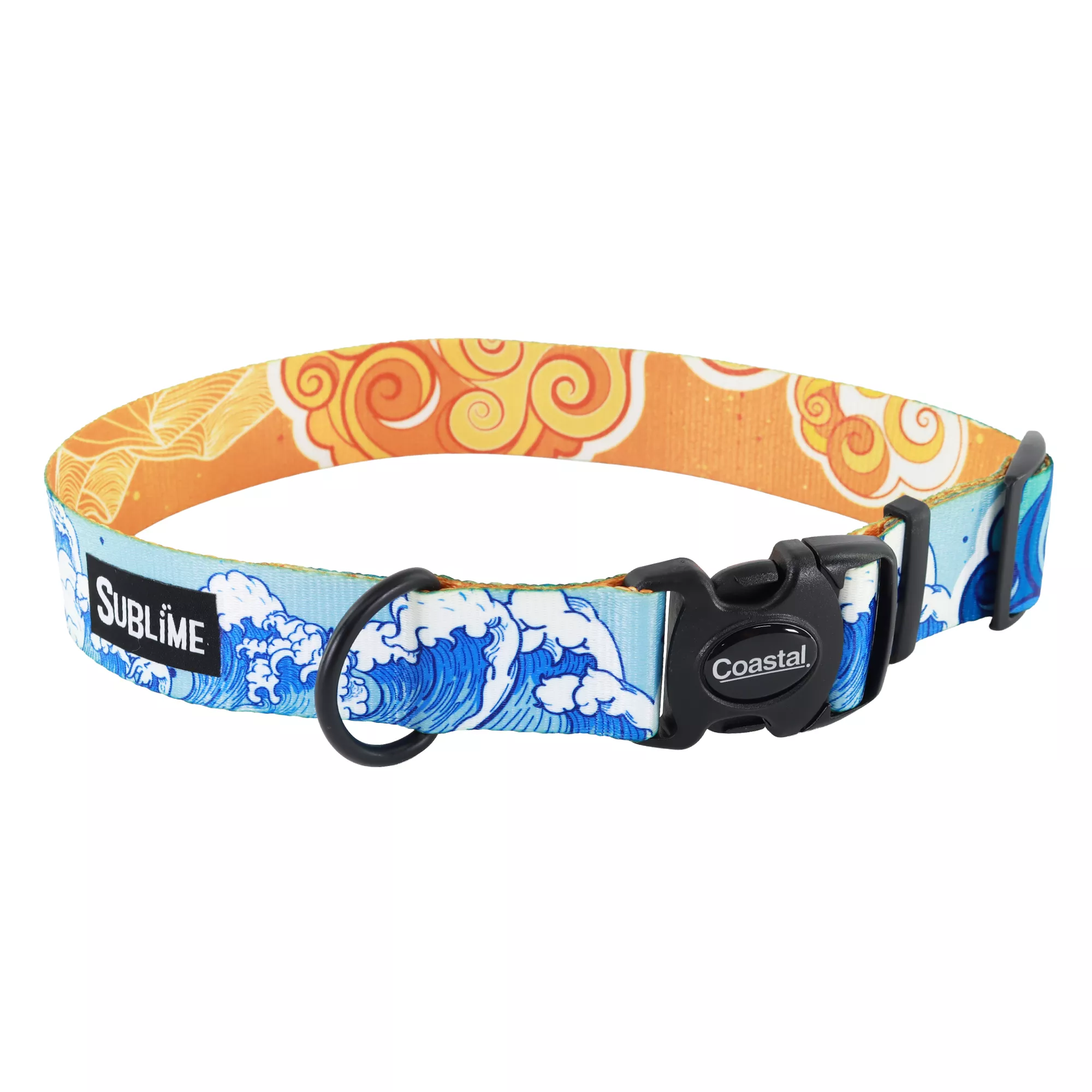 Sublime Adjustable Dog Collar in the Land and Sea pattern. The collar features a two-tone design with an orange section displaying white mountain outlines and a blue section decorated with stylized ocean waves and a rising sun in white. It is made of durable woven material and includes a black plastic side-release buckle shown in an open position, with one male and one female end visible. A black metal D-ring for leash attachment is positioned near the buckle. The collar is displayed against a plain white background.