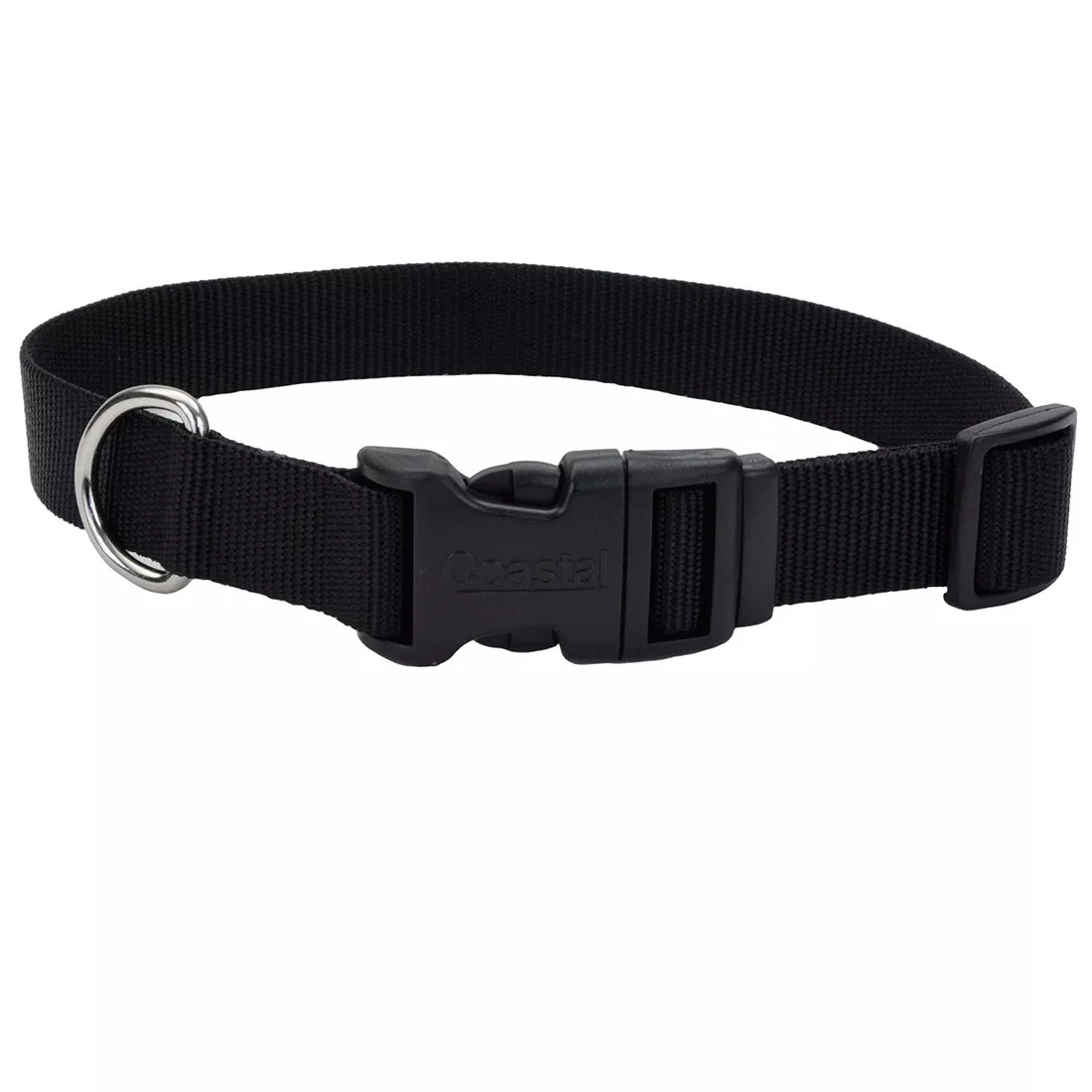 A product‑only image of a black adjustable dog collar on a white background. The collar features a woven nylon strap with a ribbed texture. A black plastic side‑release buckle sits at the center, and a matching black plastic adjustment slider is positioned along the strap. A silver‑tone metal D‑ring is attached next to the buckle with reinforced stitching at the strap loop.