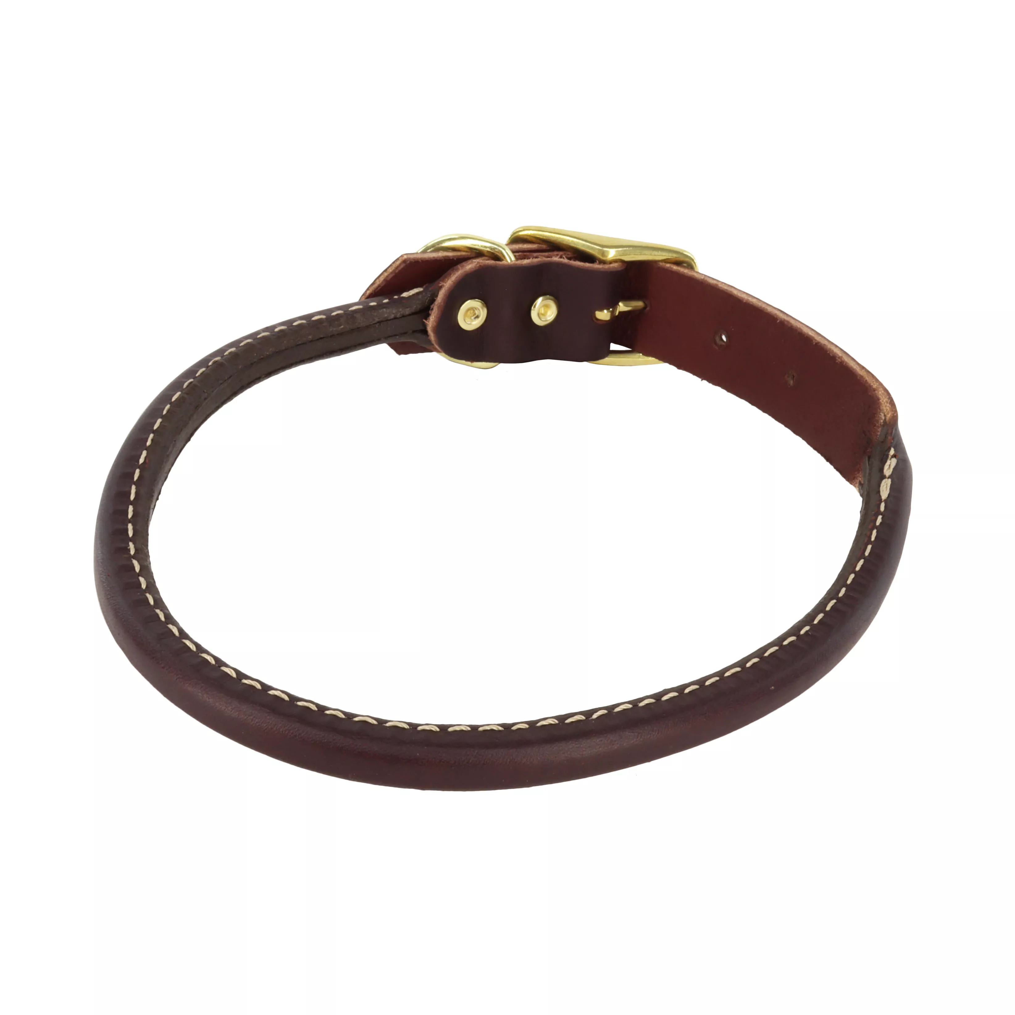 A product‑only image of the Circle T® Latigo Leather Round Dog Collar with Brass Hardware is displayed against a white background. The collar is made of rich, reddish‑brown latigo leather shaped into a smooth, rounded profile. The leather has visible natural grain and a polished finish. A flat, reinforced leather section houses the hardware, which includes a solid brass buckle with a curved frame and matching brass D‑ring. Contrasting tan stitching runs along the reinforced area, emphasizing craftsmanship. The collar is arranged in a circular shape to highlight its flexibility and rounded construction.