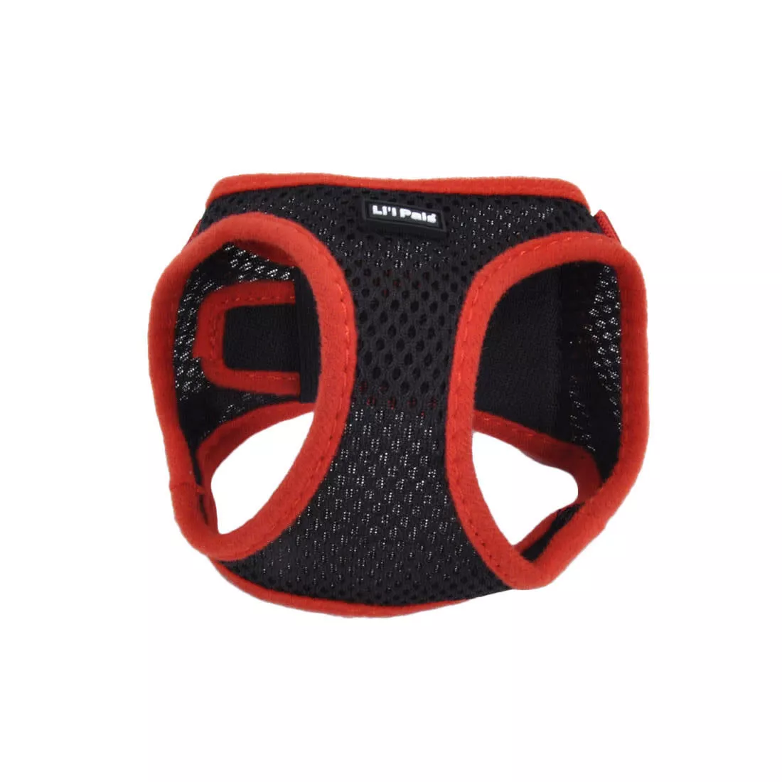 Product image of the Li'l Pals Comfort Mesh Dog Harness in Black, displayed from the front on a white background. The harness features black breathable mesh with bright red trim outlining the edges. It includes black plastic buckles, reinforced stitching, and a silver metal D‑ring positioned at the top for leash attachment.